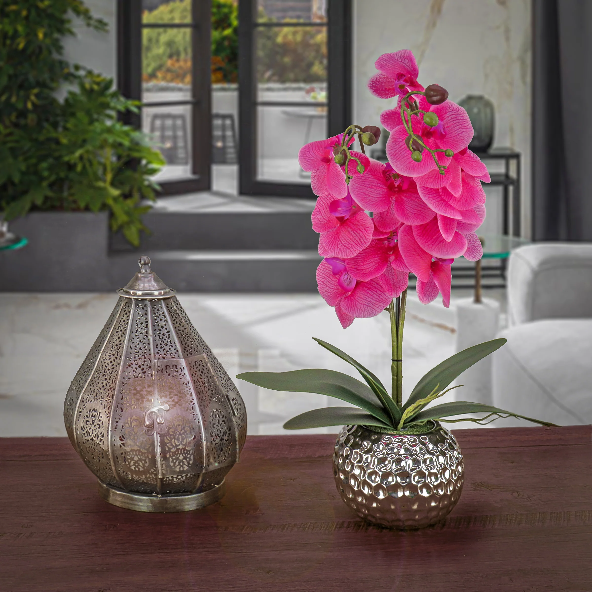 21 in. Spring Purple Orchid in Silver Smooth Ceramic Pot - Image 2