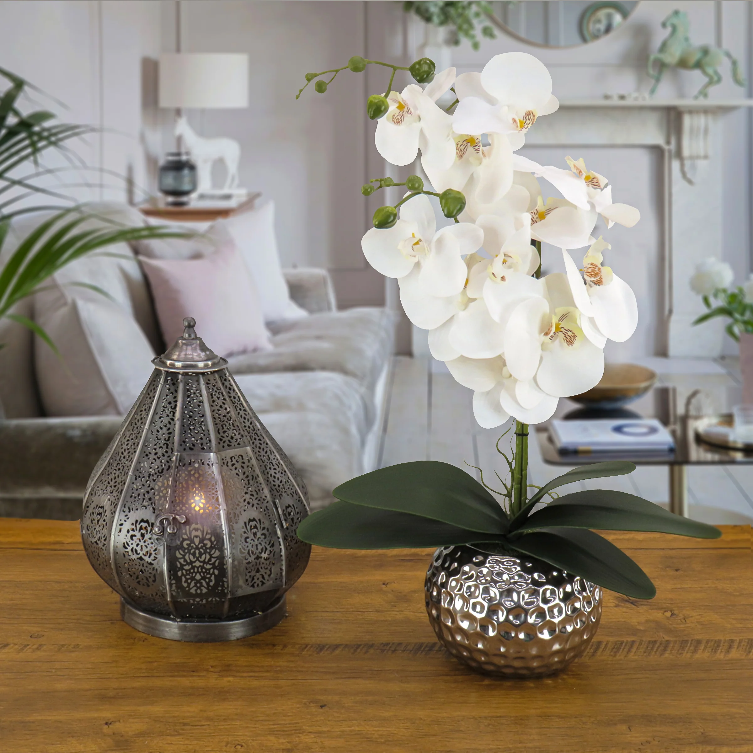 21 in. Spring White Orchid in Silver Smooth Ceramic Pot - Image 2