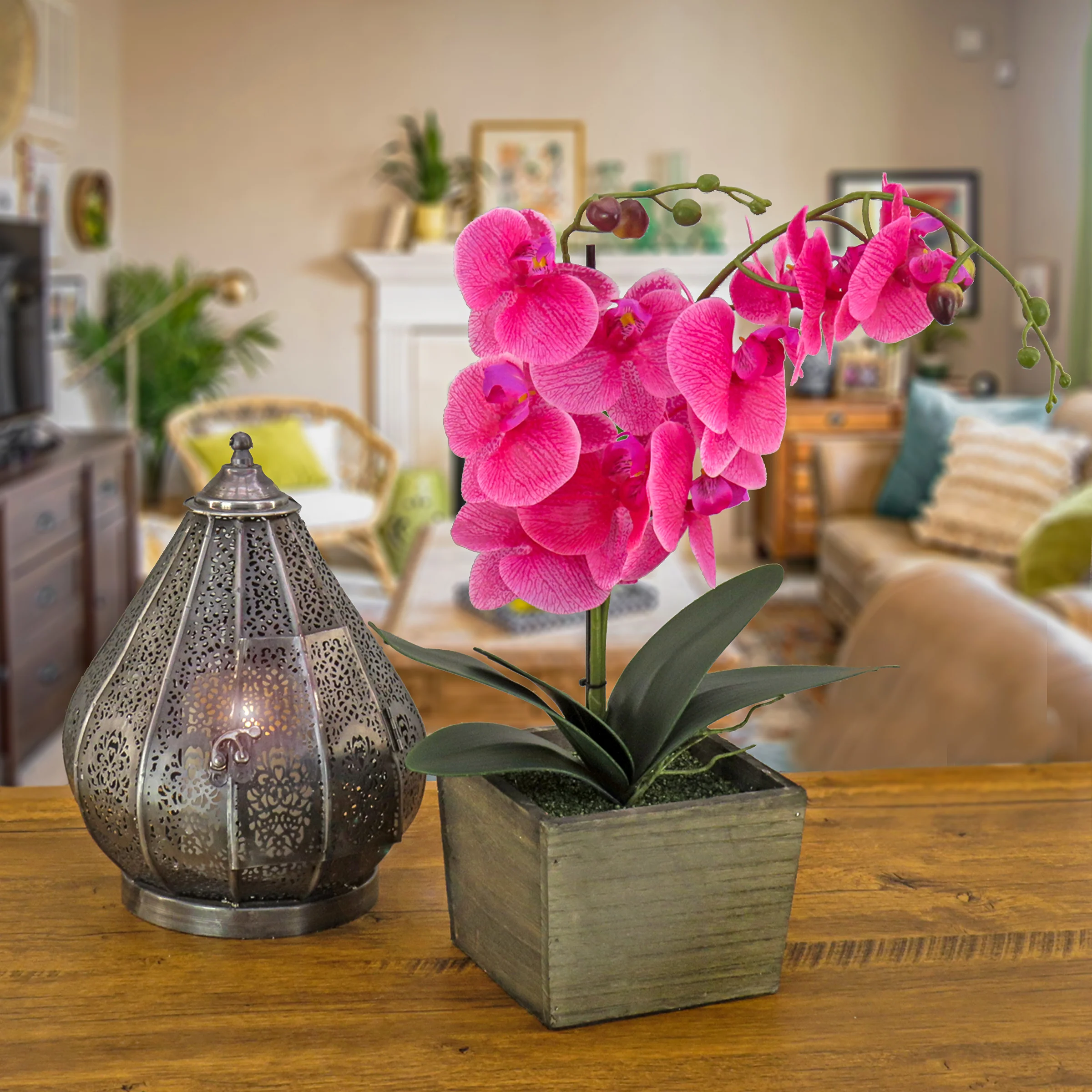 21 in. Spring Purple Orchid Flower in Wood Box - Image 2