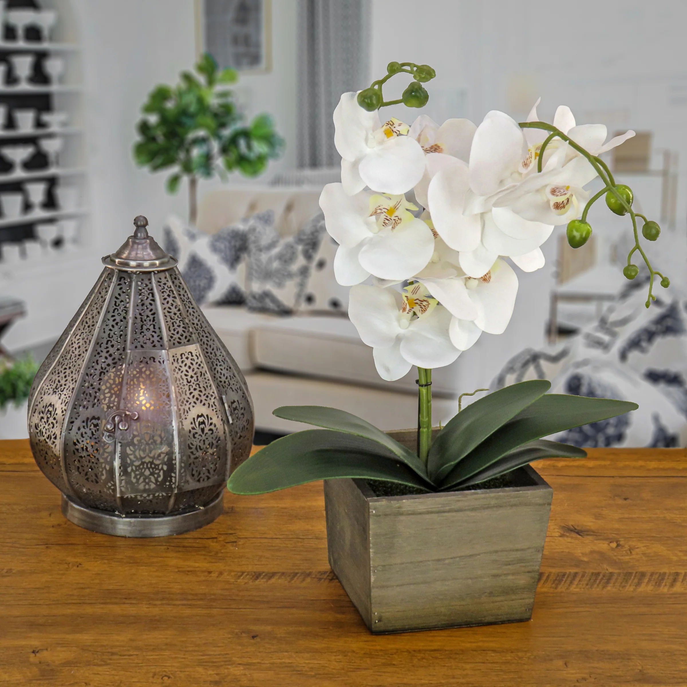 21 in. Spring White Orchid Flower in Wood Box - Image 2