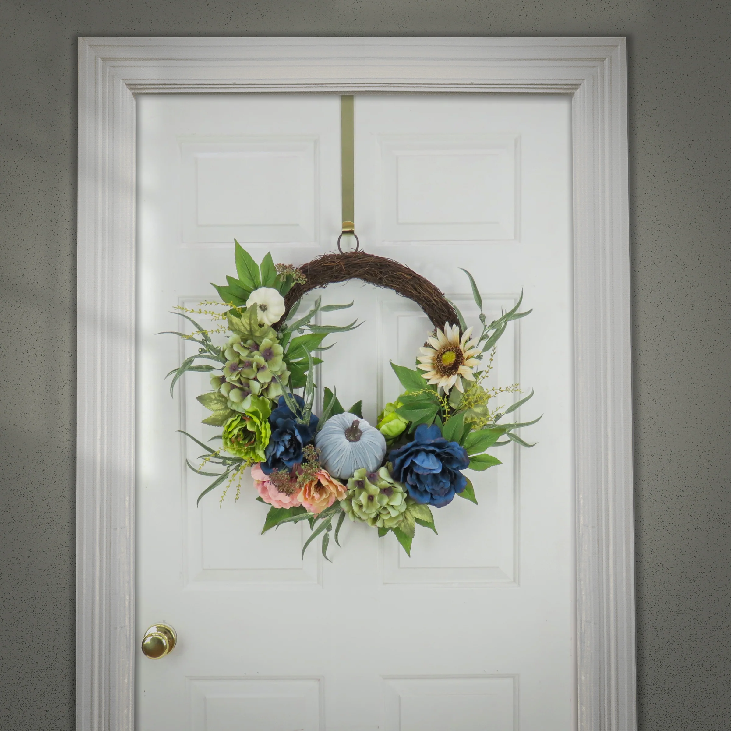 22 in. Fall Wreath with Mixed Leaves, Hydrangea, Peony and Pumpkin - Image 2