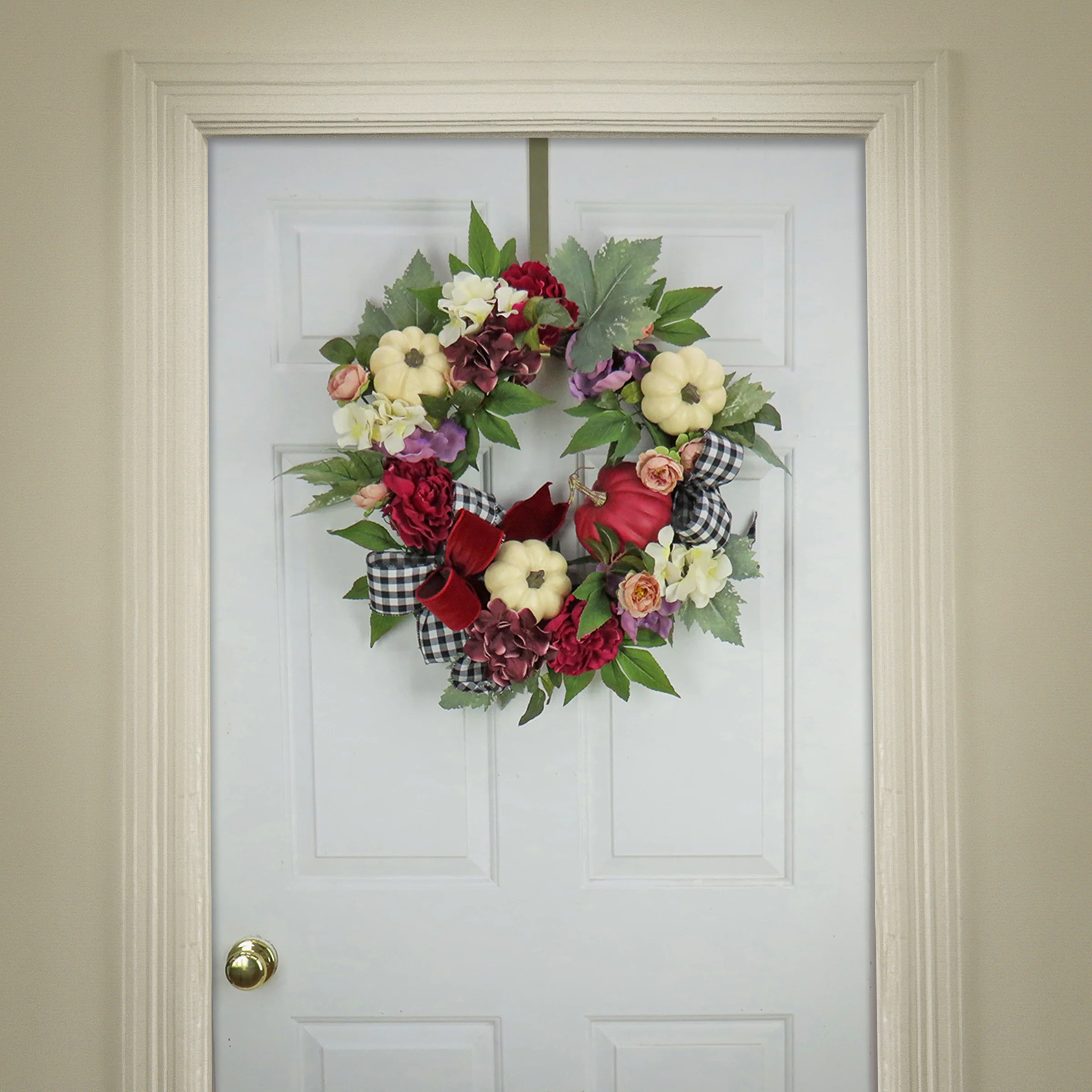 22 in. Fall Wreath with Peony, Pumpkin and Bow - Image 2