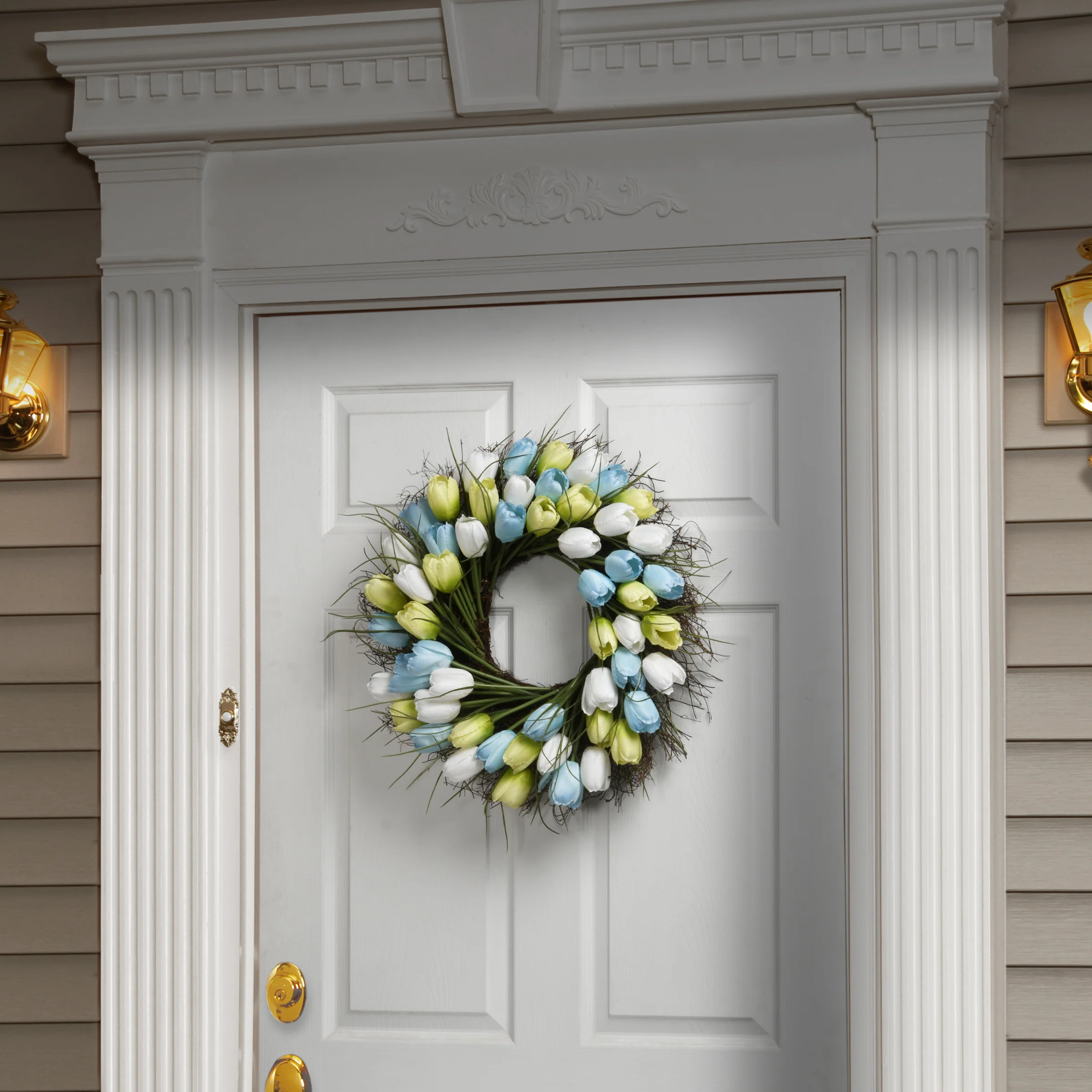 22 in. Spring Wreath with Yellow, Blue and White Tulips - Image 2