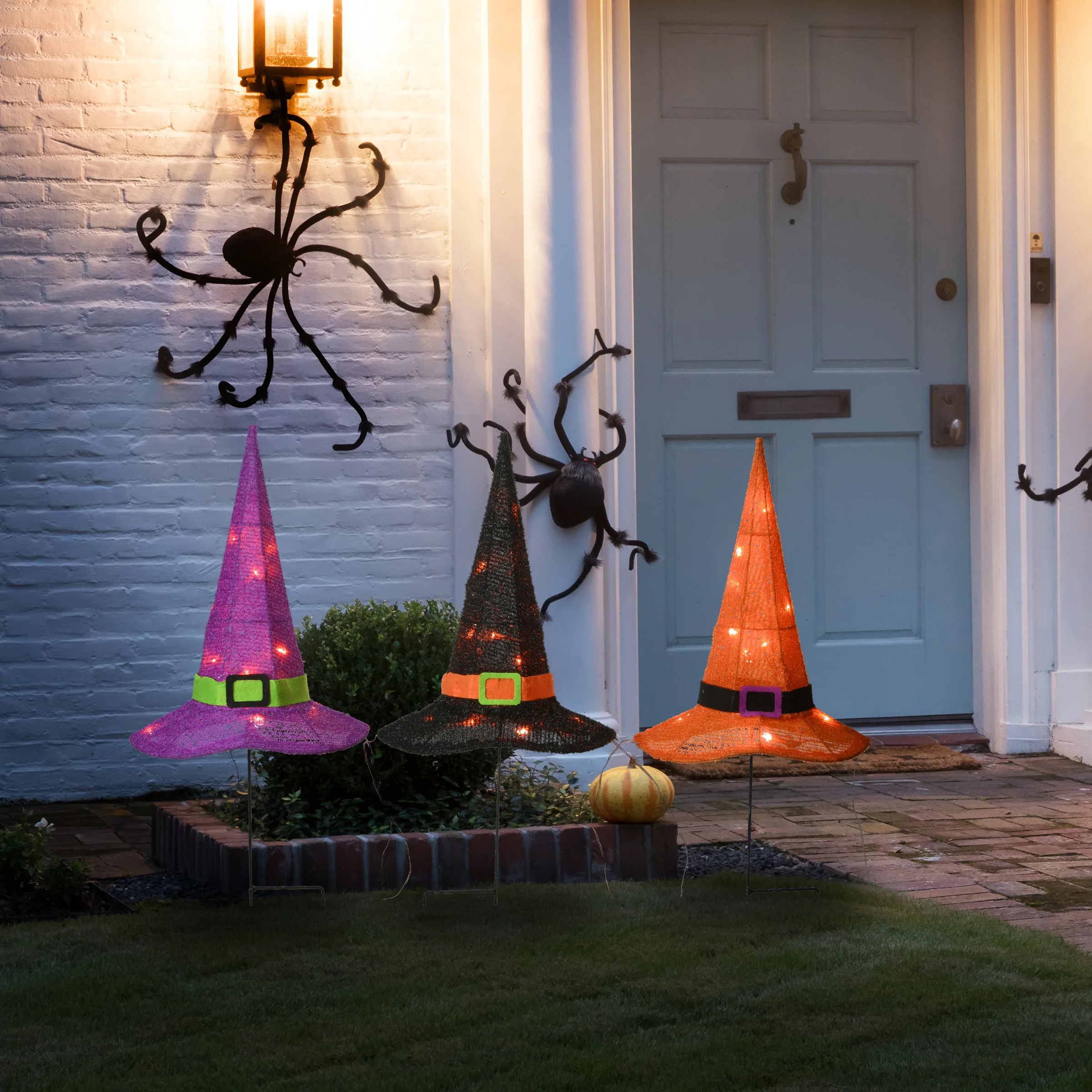 23 in. Halloween Orange,Black and Purple Witchs Hat Garden Stakes with LED Lights - Image 2
