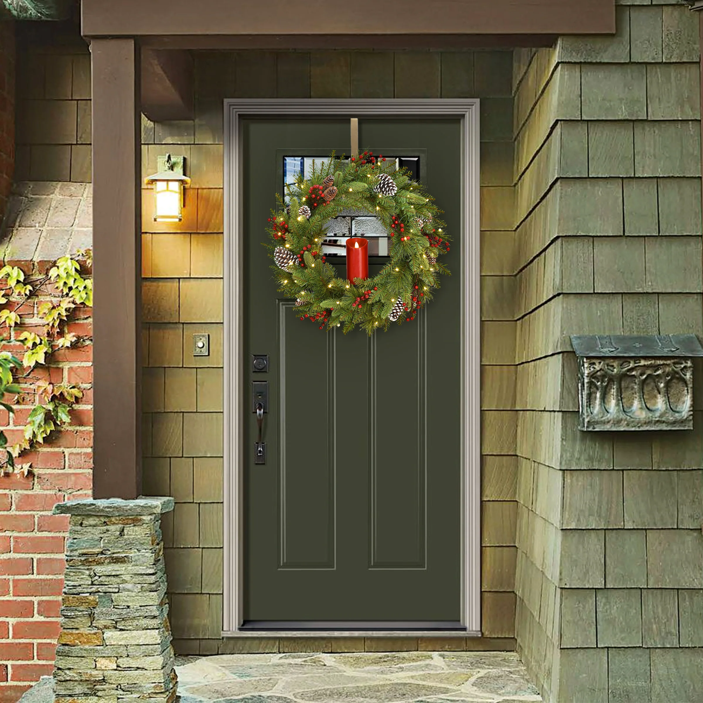 24 in. Pre-Lit Bristle Berry Wreath with Single Candle - Image 2