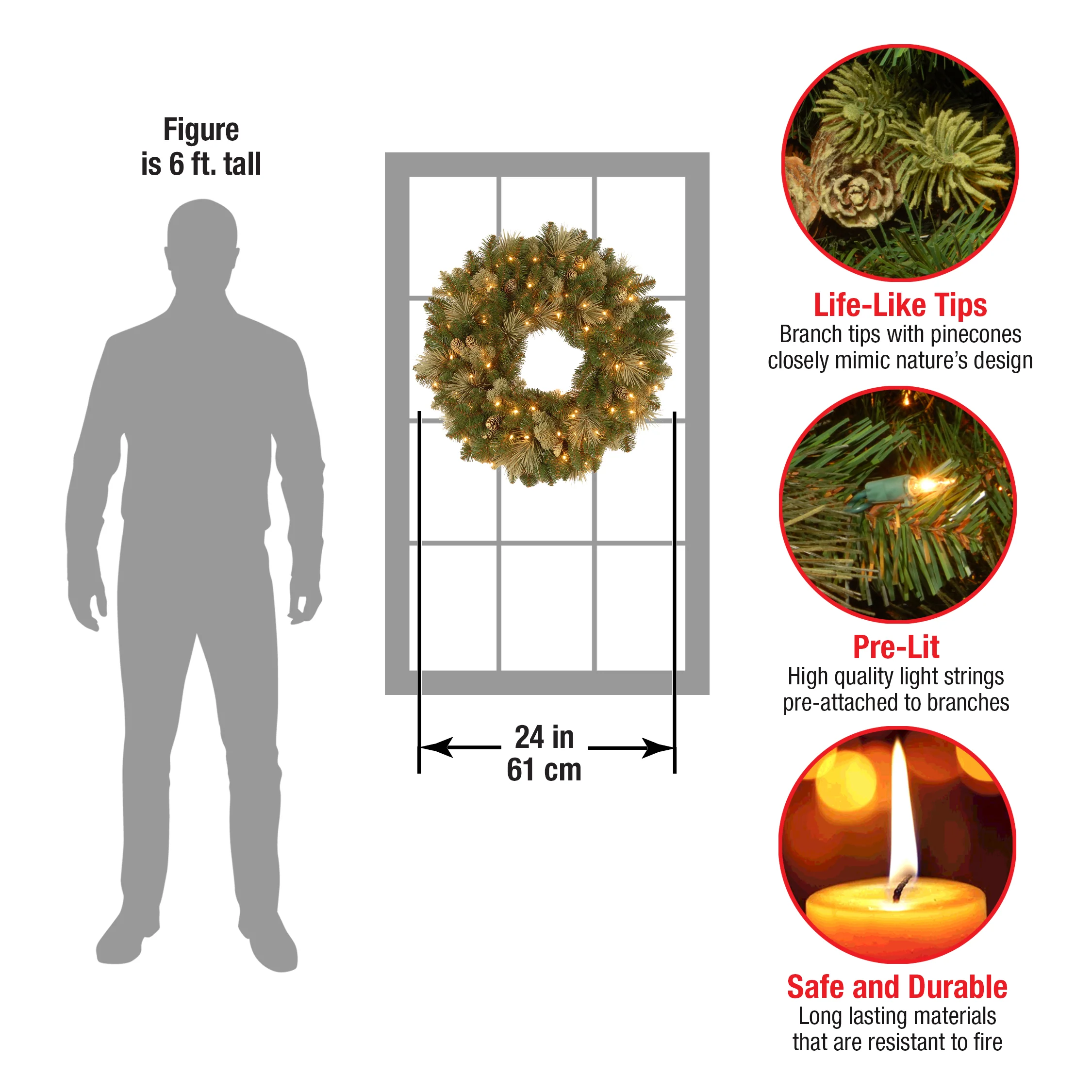 24 in. Pre-Lit Carolina Pine Wreath with LED Lights - Image 4