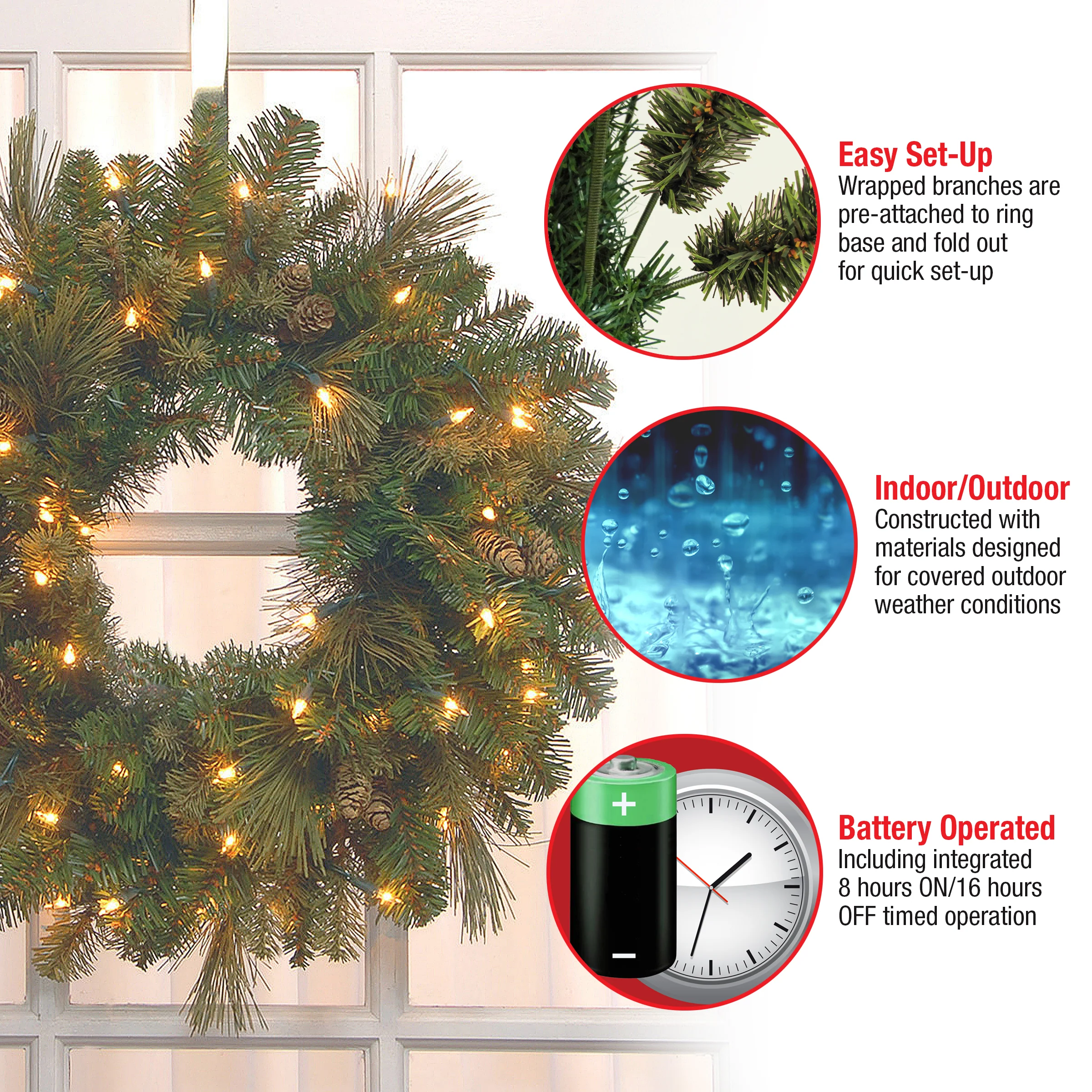 24 in. Pre-Lit Carolina Pine Wreath with LED Lights - Image 5