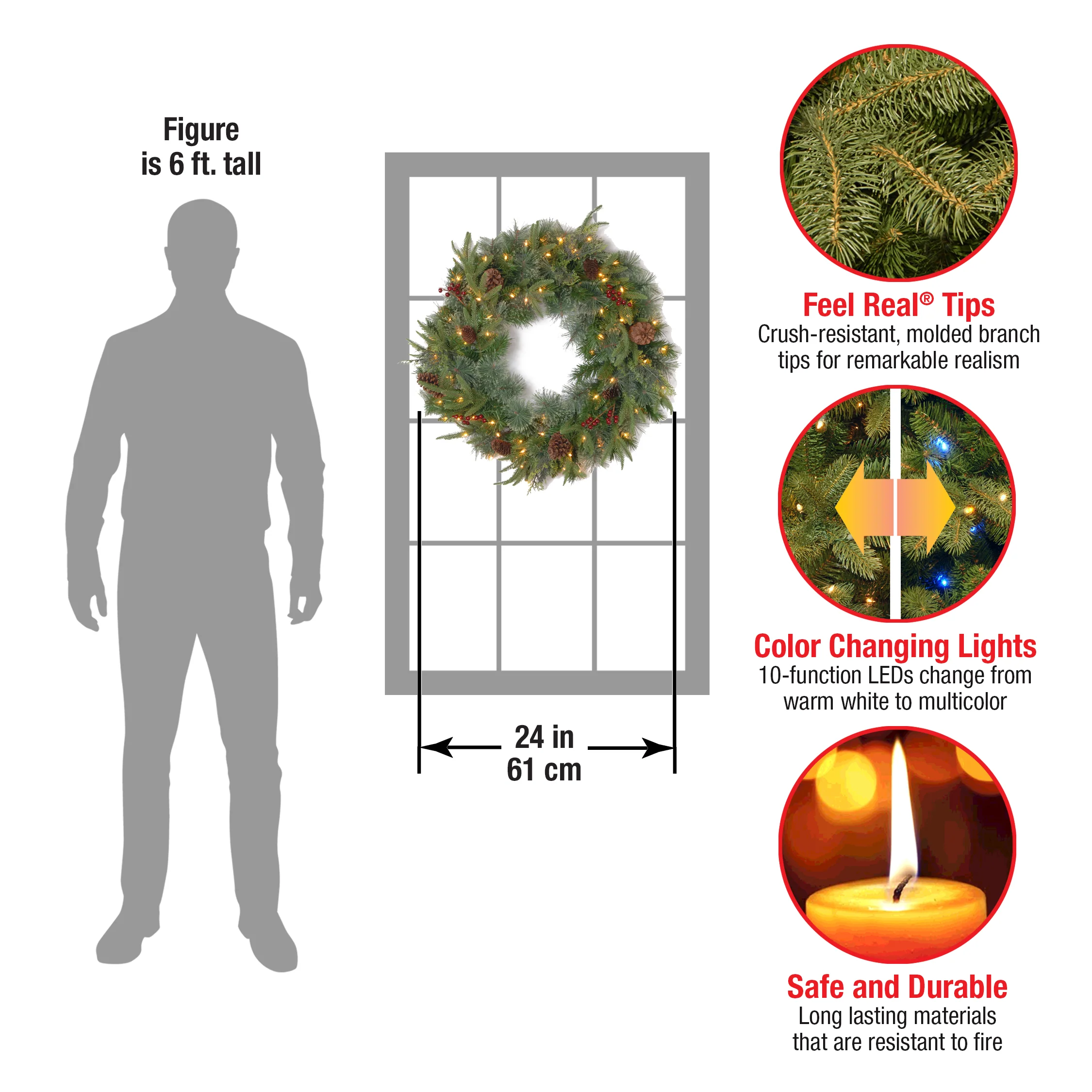 24 in. Pre-Lit Colonial Fir Wreath with Dual Color LED Lights - Image 5