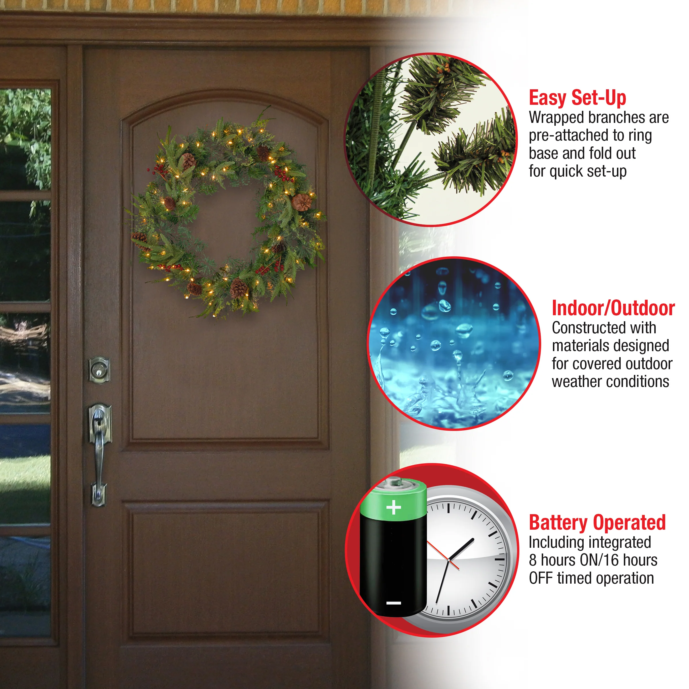 24 in. Pre-Lit Colonial Fir Wreath with Dual Color LED Lights - Image 6