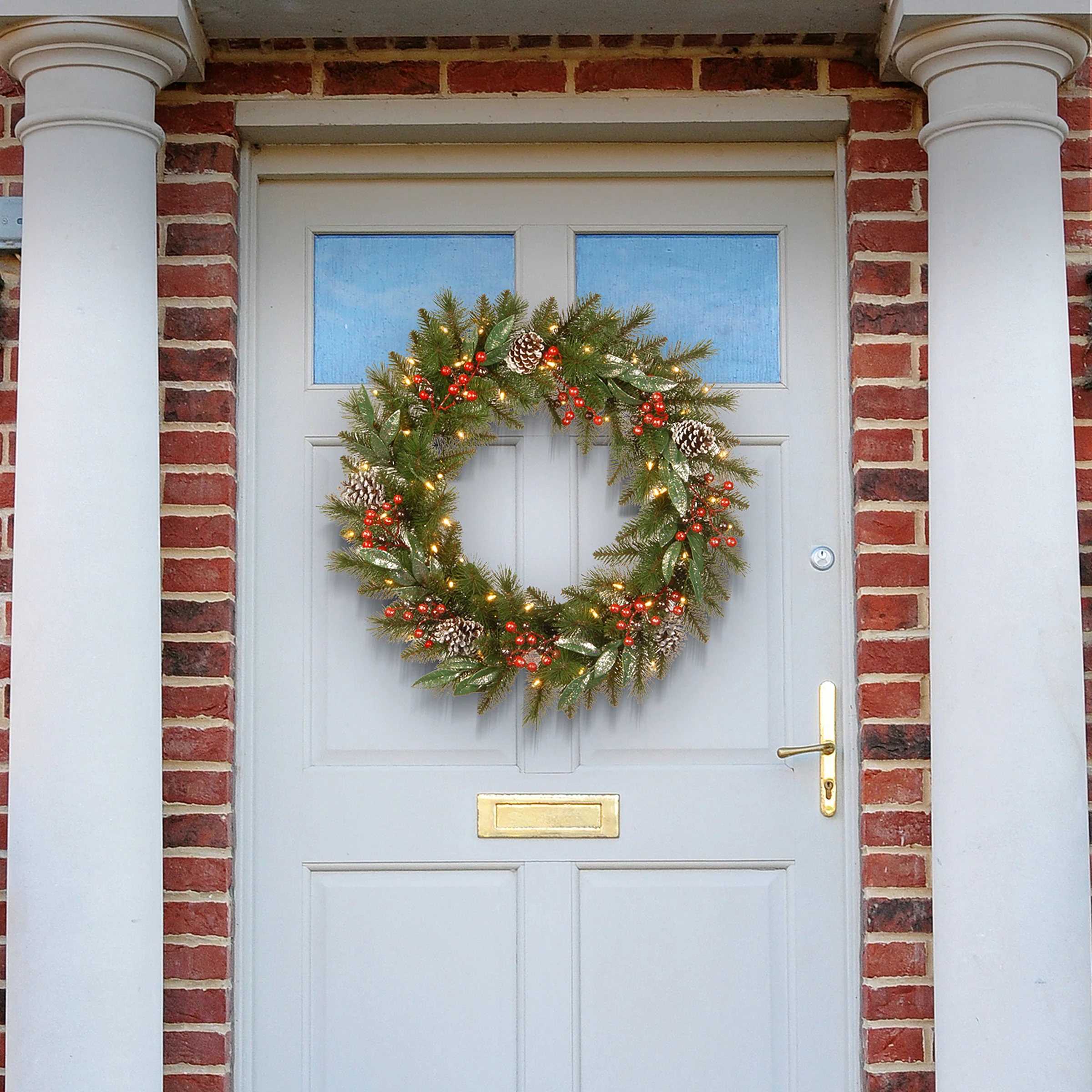 24 in. Pre-Lit Frosted Pine Berry Wreath with LED Lights - Image 2