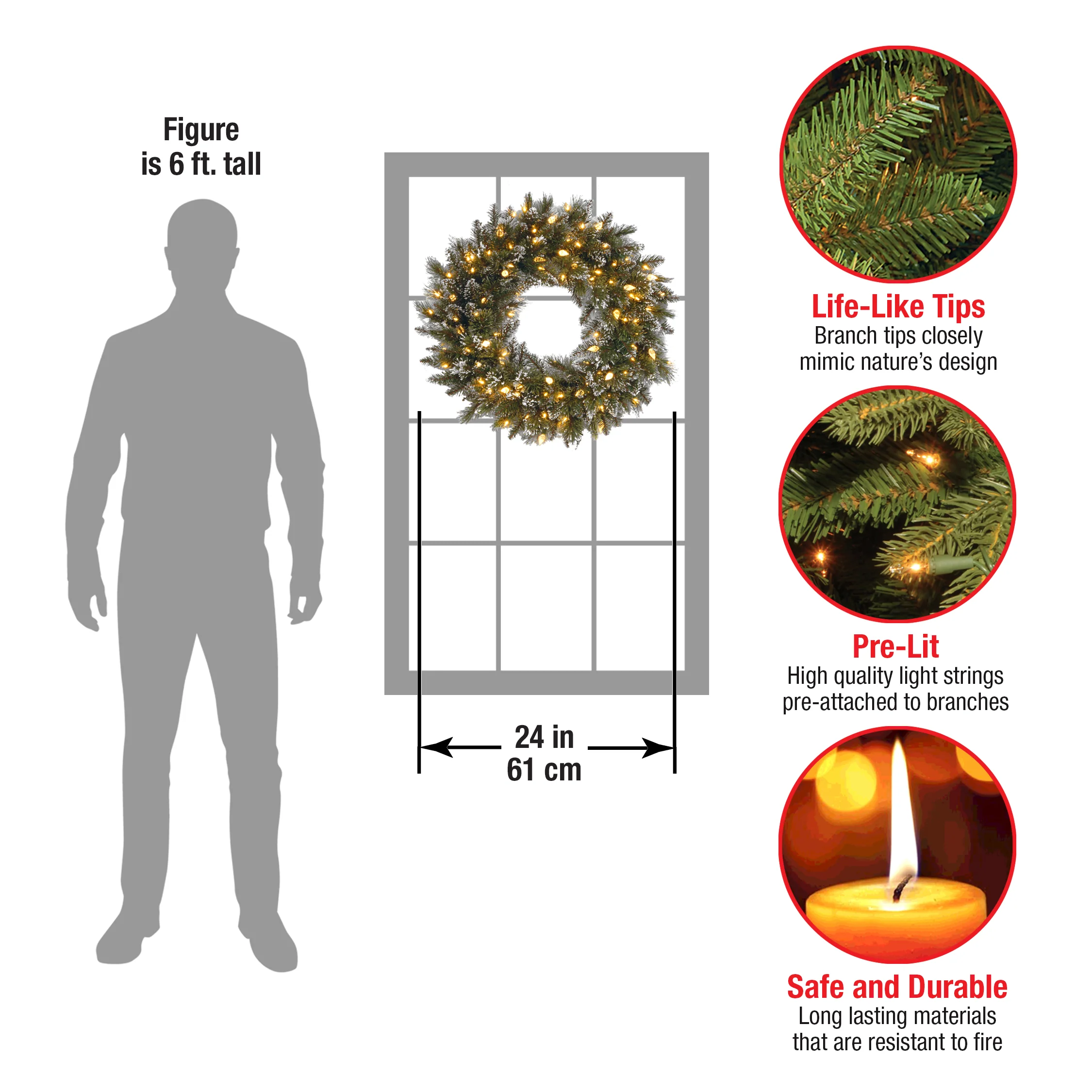 24 in. Pre-Lit Glittery Bristle Pine Wreath with Warm White LED Lights, Plug-In - Image 4