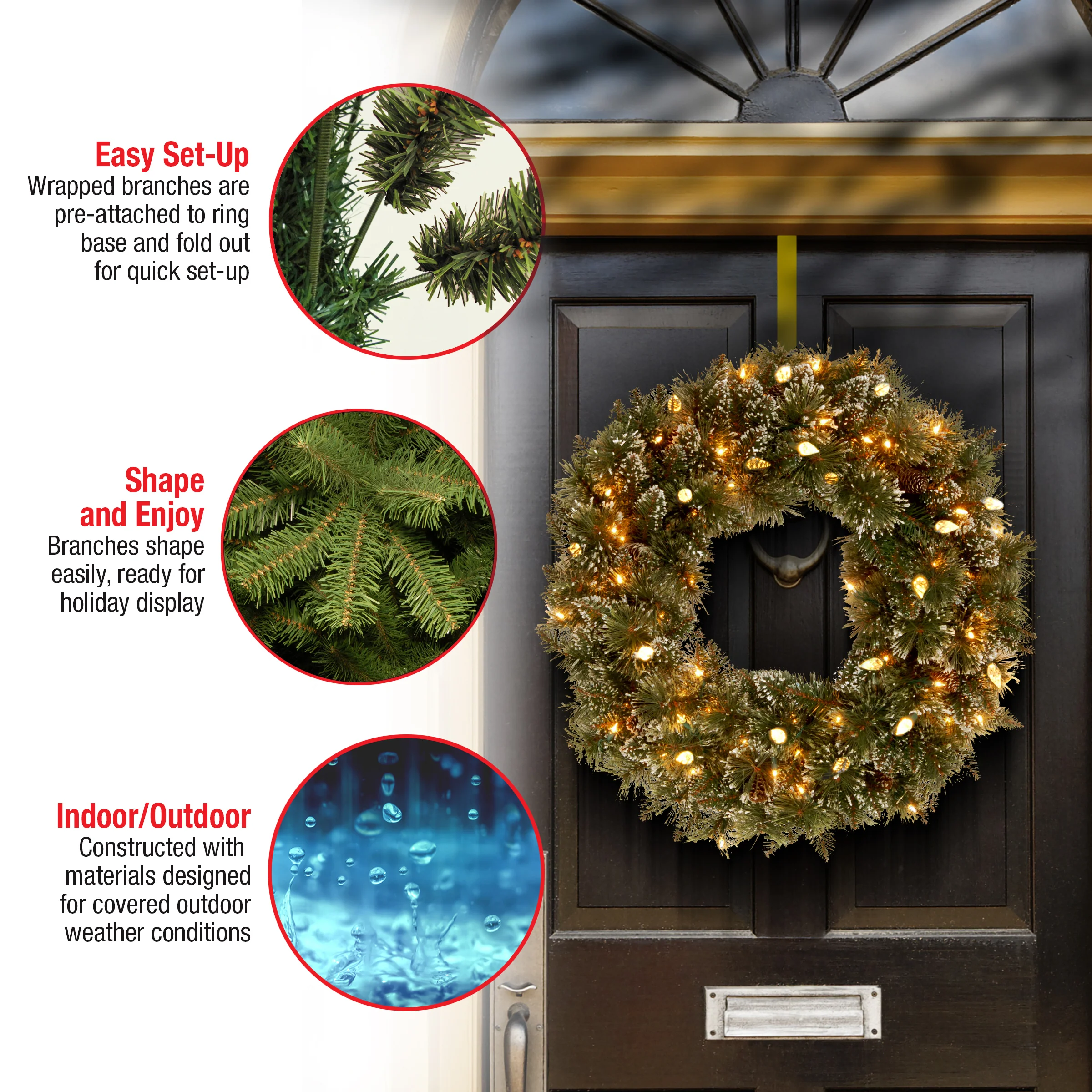 24 in. Pre-Lit Glittery Bristle Pine Wreath with Warm White LED Lights, Plug-In - Image 5