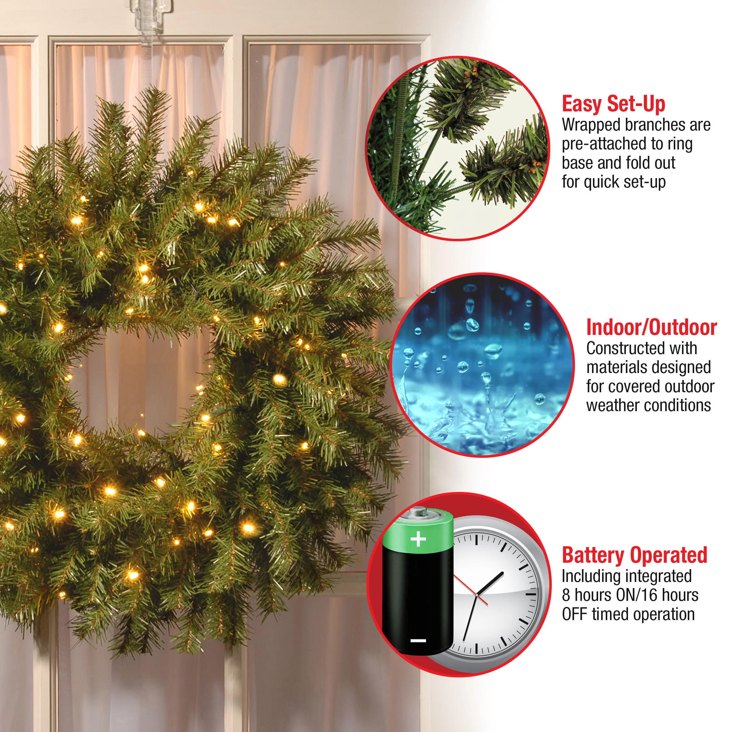 24 in. Pre-Lit Norwood Fir Wreath with Battery Operated Warm White LED Lights - Image 6