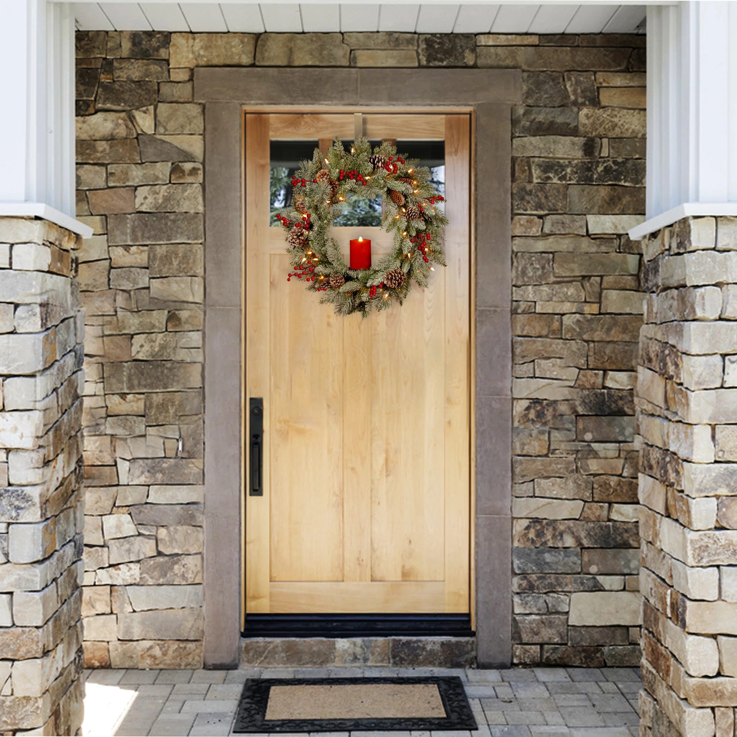 24 in. Pre-Lit Snowy Bristle Berry Wreath with Single Candle - Image 2