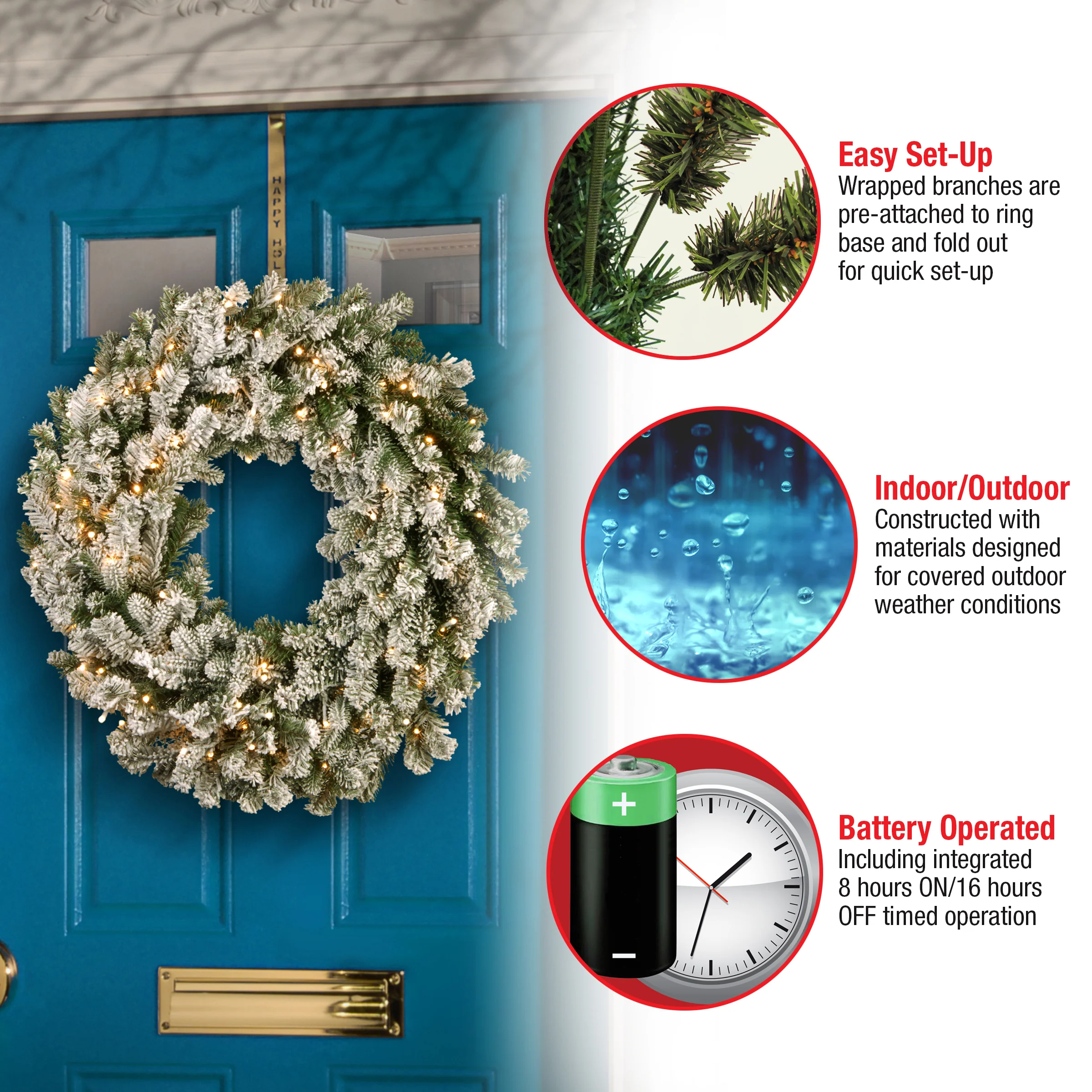 24 in. Pre-Lit Snowy Sheffield Spruce Wreath with Warm White LED Lights - Image 5