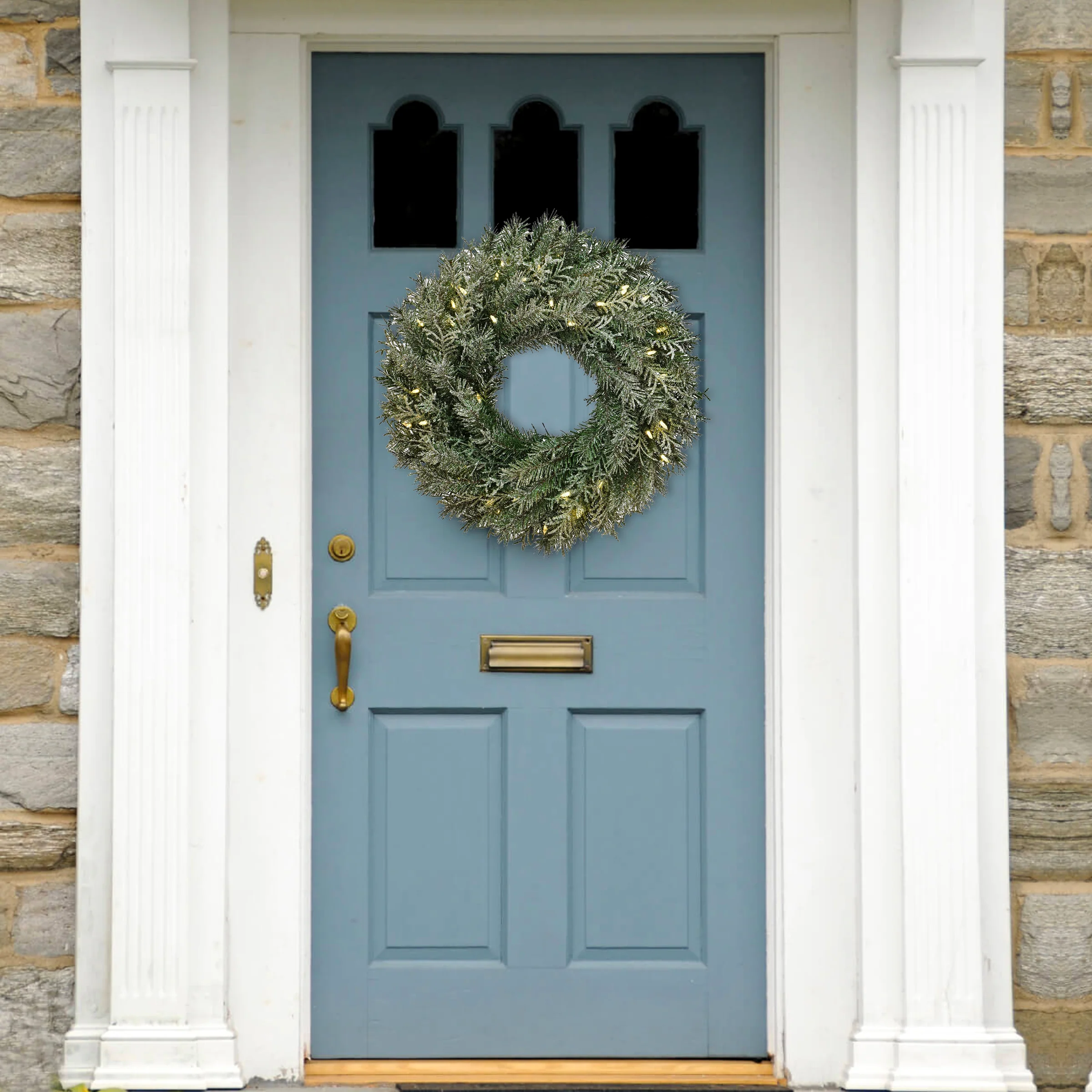 24 in. Pre-Lit Snowy Stonington Fir Wreath with LED Lights - Image 2