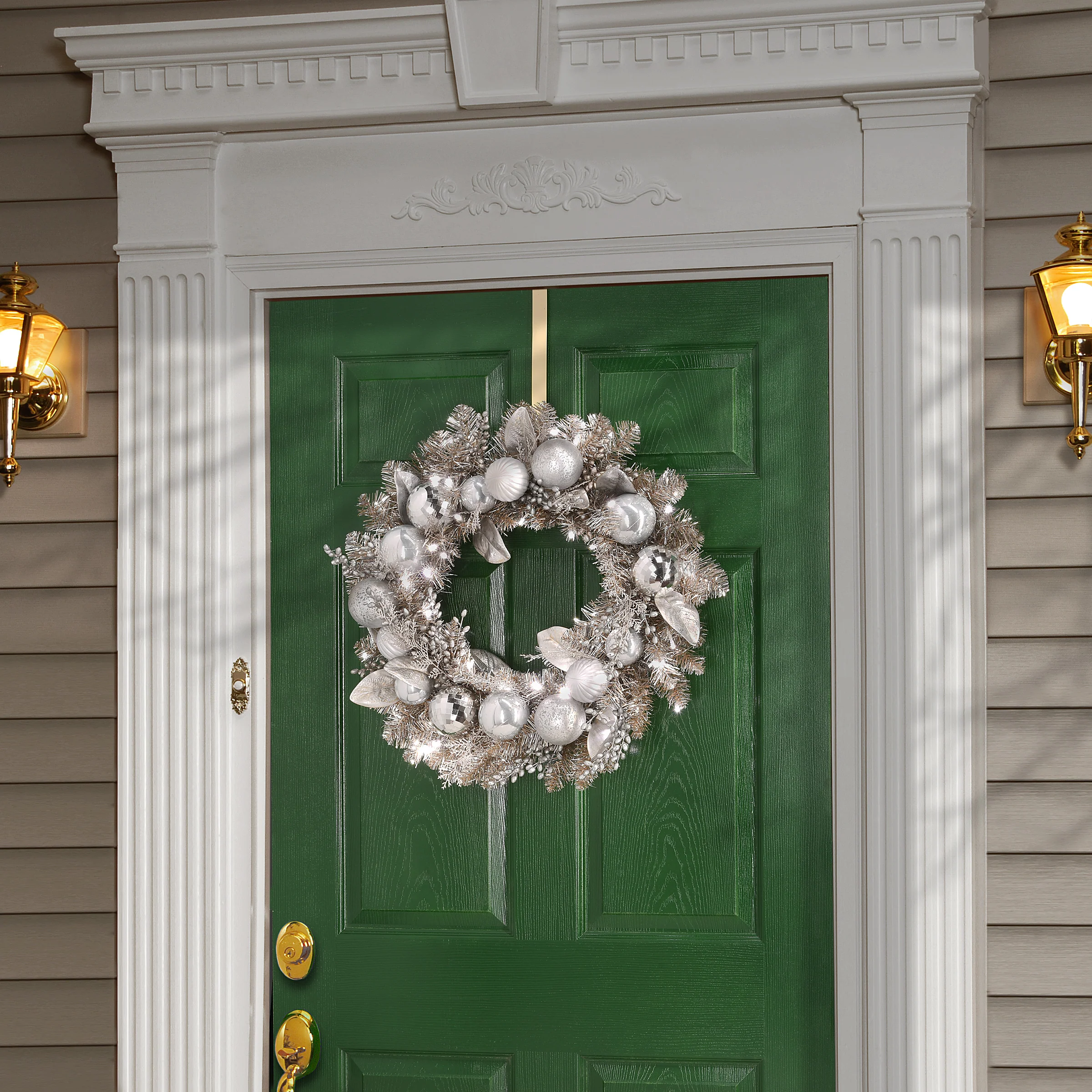 24 in. Pre-Lit Yuletide Glam Silver Decorated Wreath - Image 2