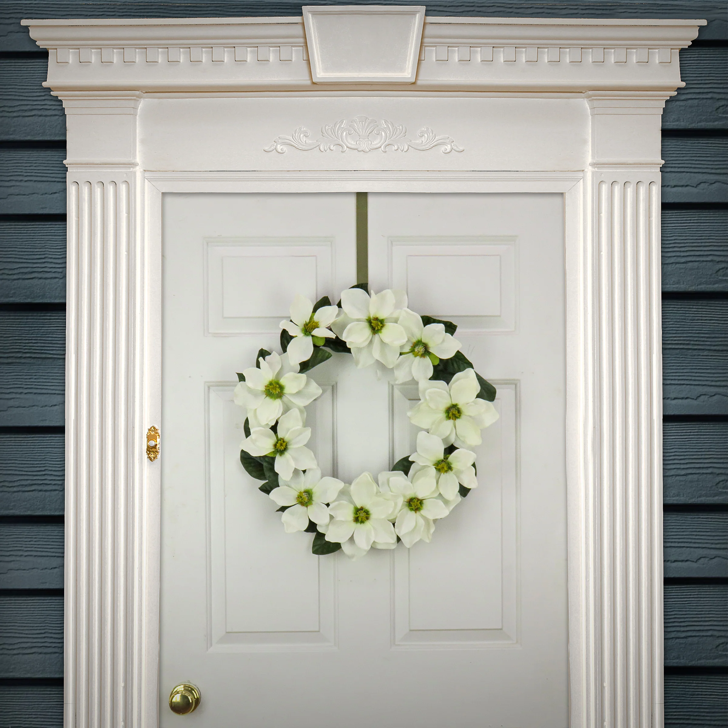 24 in. Spring Wreath with Magnolia Flowers and Dark Green Leaves - Image 2