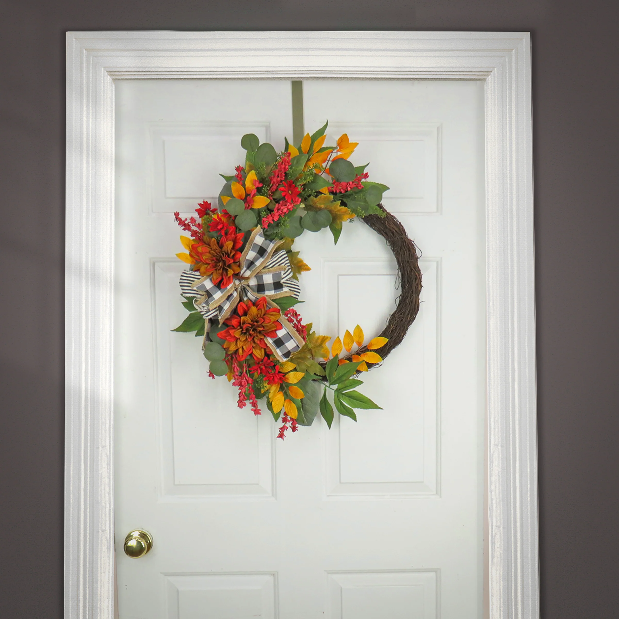 24 in. Fall Wreath with Twig, Dahlia, Eucalyptus and Bow - Image 2