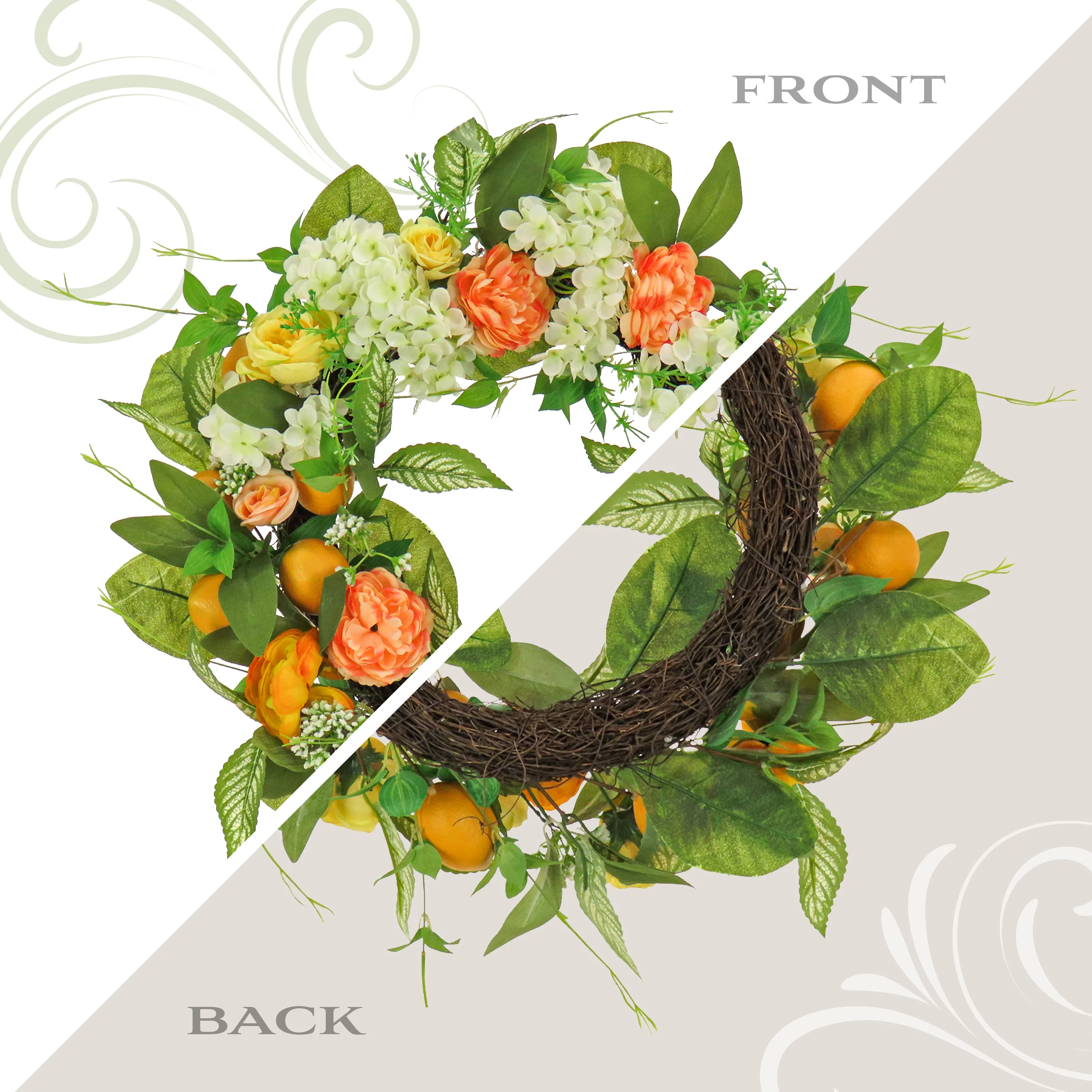 24 in. Spring Wreath with Lemons, Hydrangeas, Ranunculus and Buttercups - Image 4