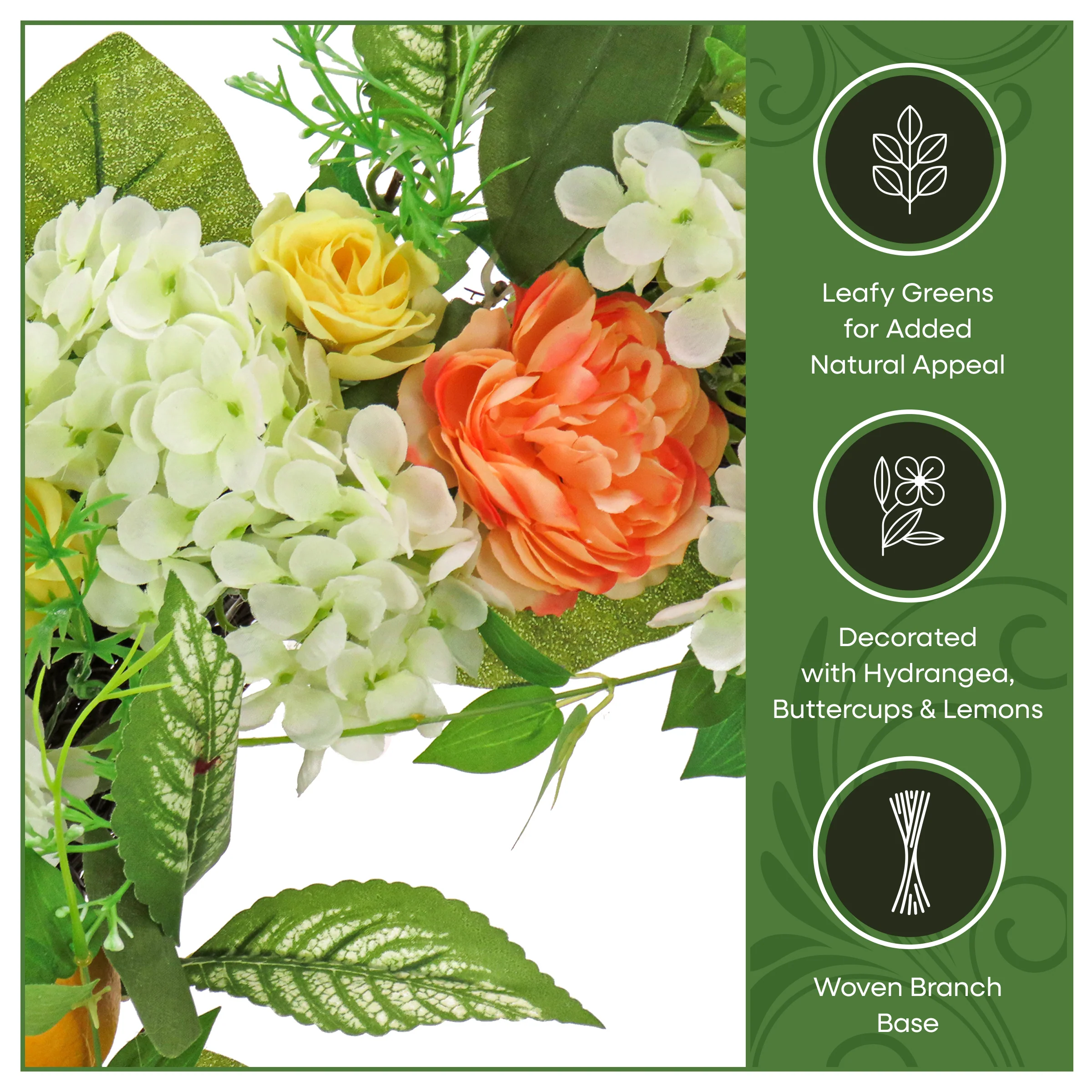 24 in. Spring Wreath with Lemons, Hydrangeas, Ranunculus and Buttercups - Image 7