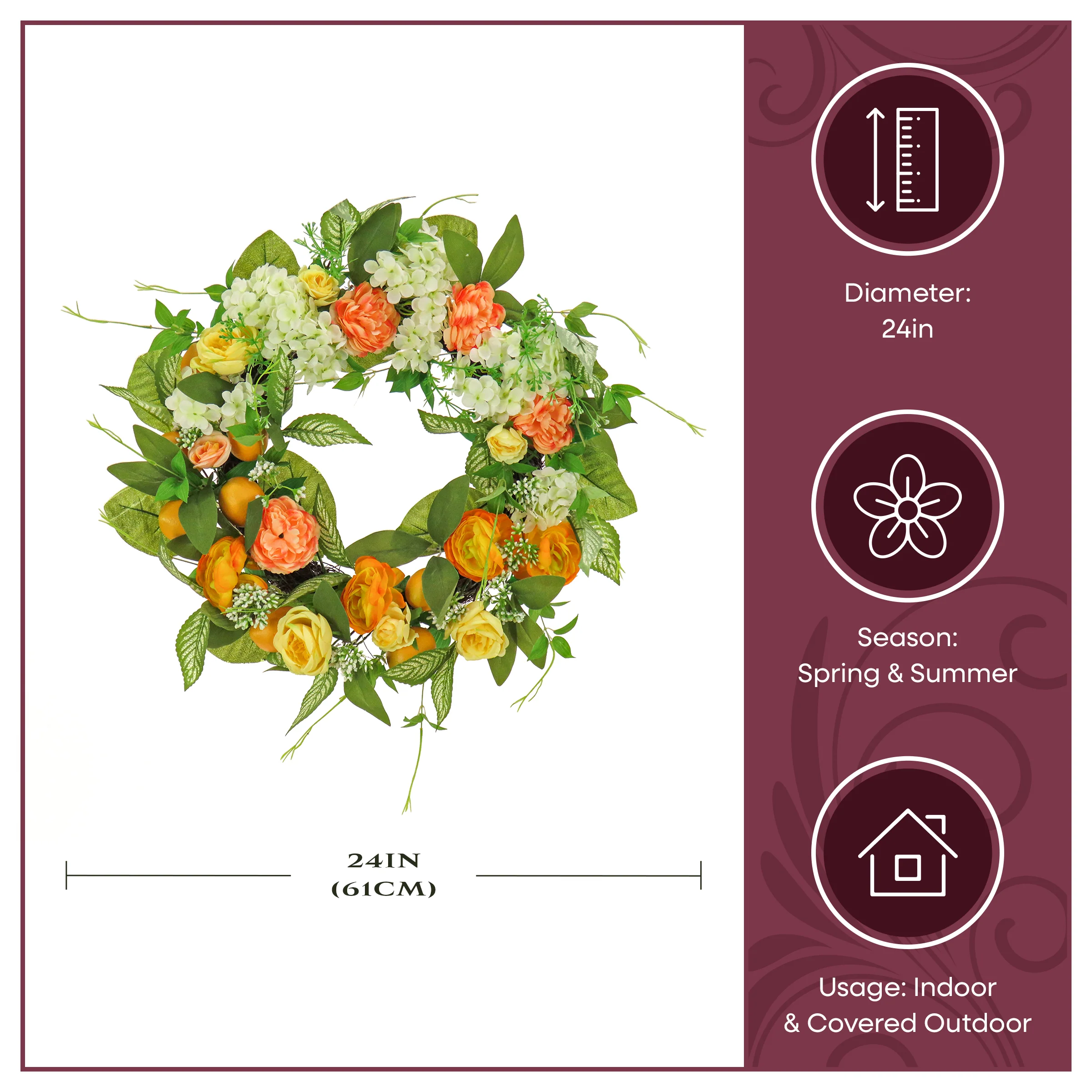 24 in. Spring Wreath with Lemons, Hydrangeas, Ranunculus and Buttercups - Image 9