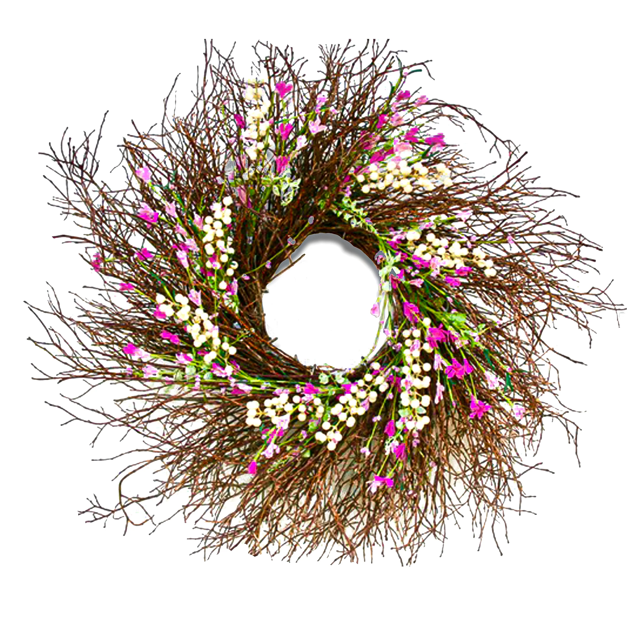 24 in. Spring Wreath with Dark Pink and Cream Forsythias, Swirl of Bristle Twigs