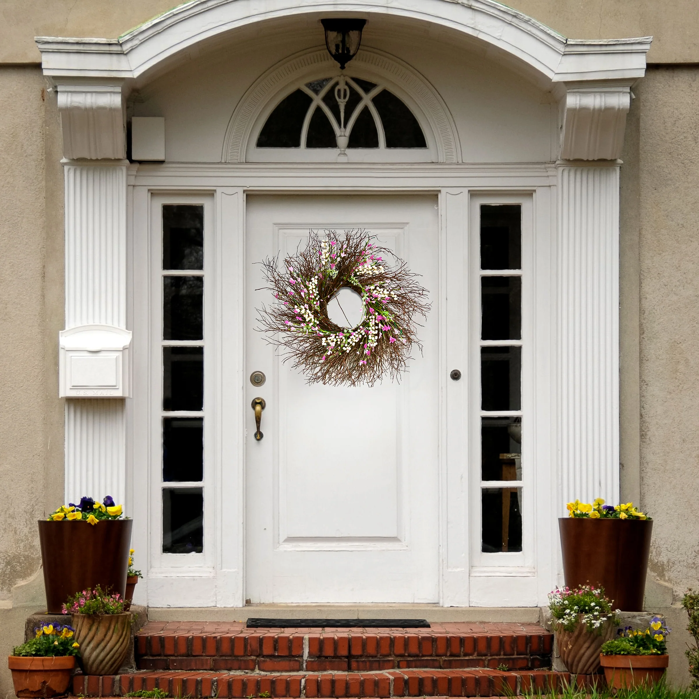 24 in. Spring Wreath with Dark Pink and Cream Forsythias, Swirl of Bristle Twigs - Image 2