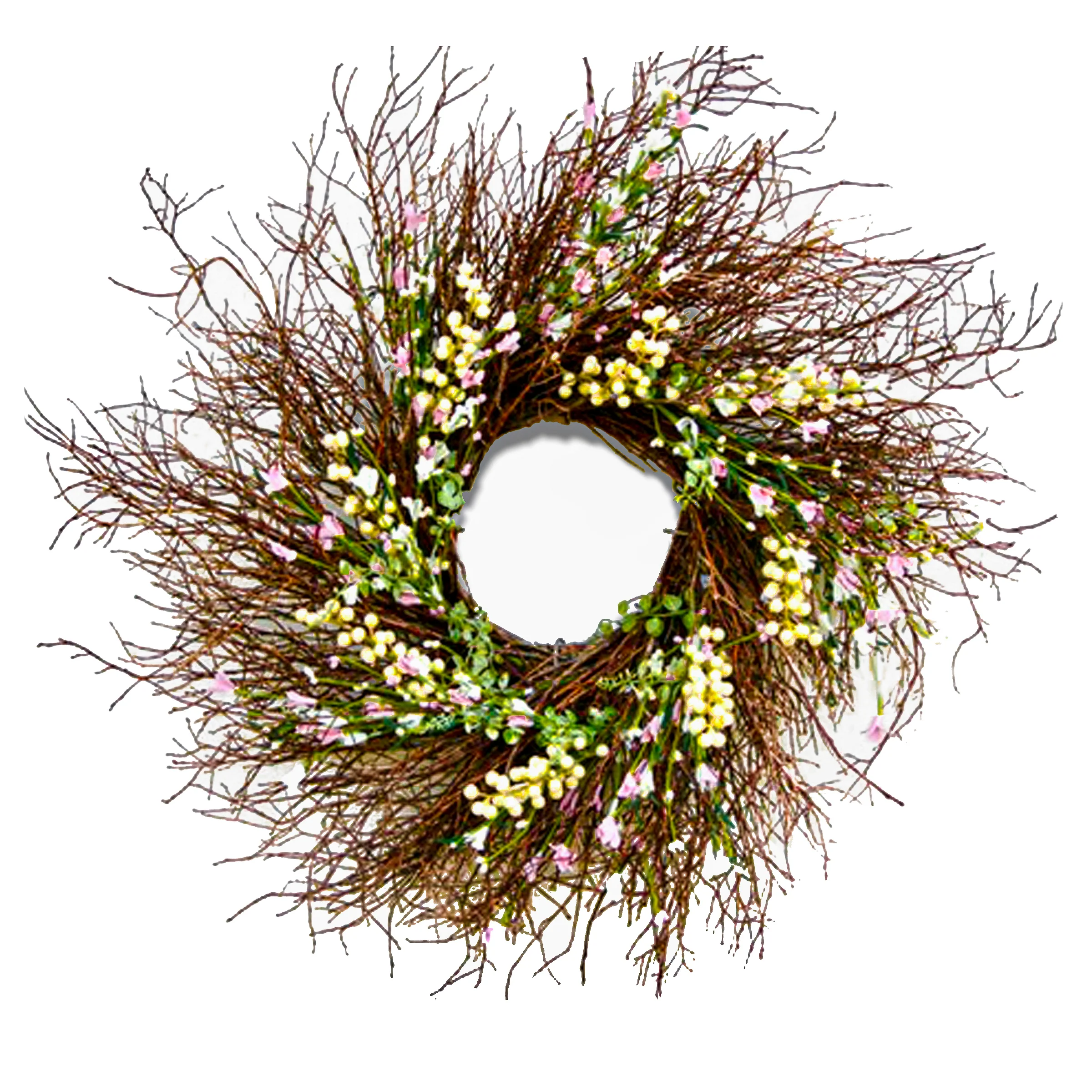 24 in. Spring Wreath with Light Pink and Cream Forsythia Flowers, Swirl of Bristle Twigs