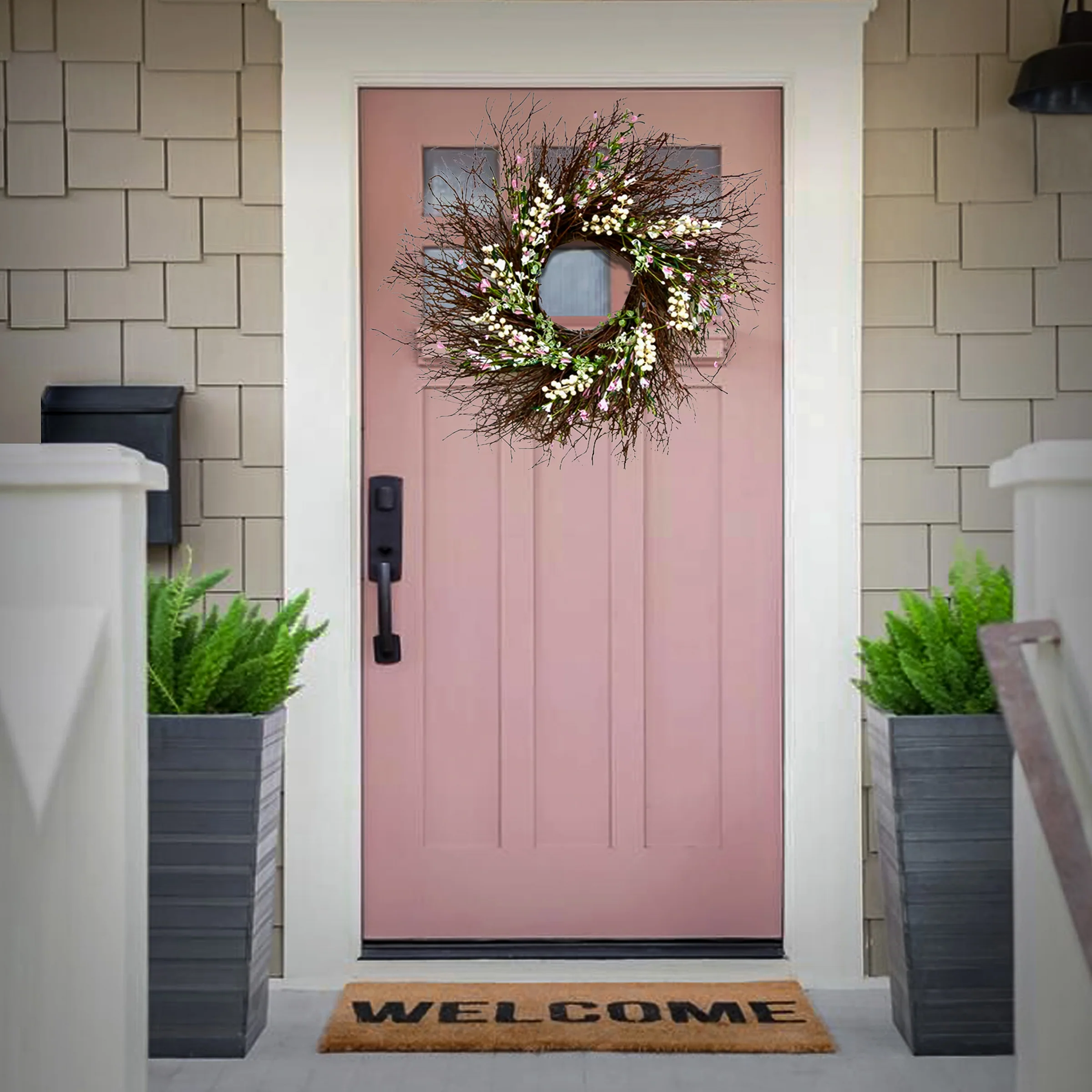 24 in. Spring Wreath with Light Pink and Cream Forsythia Flowers, Swirl of Bristle Twigs - Image 2