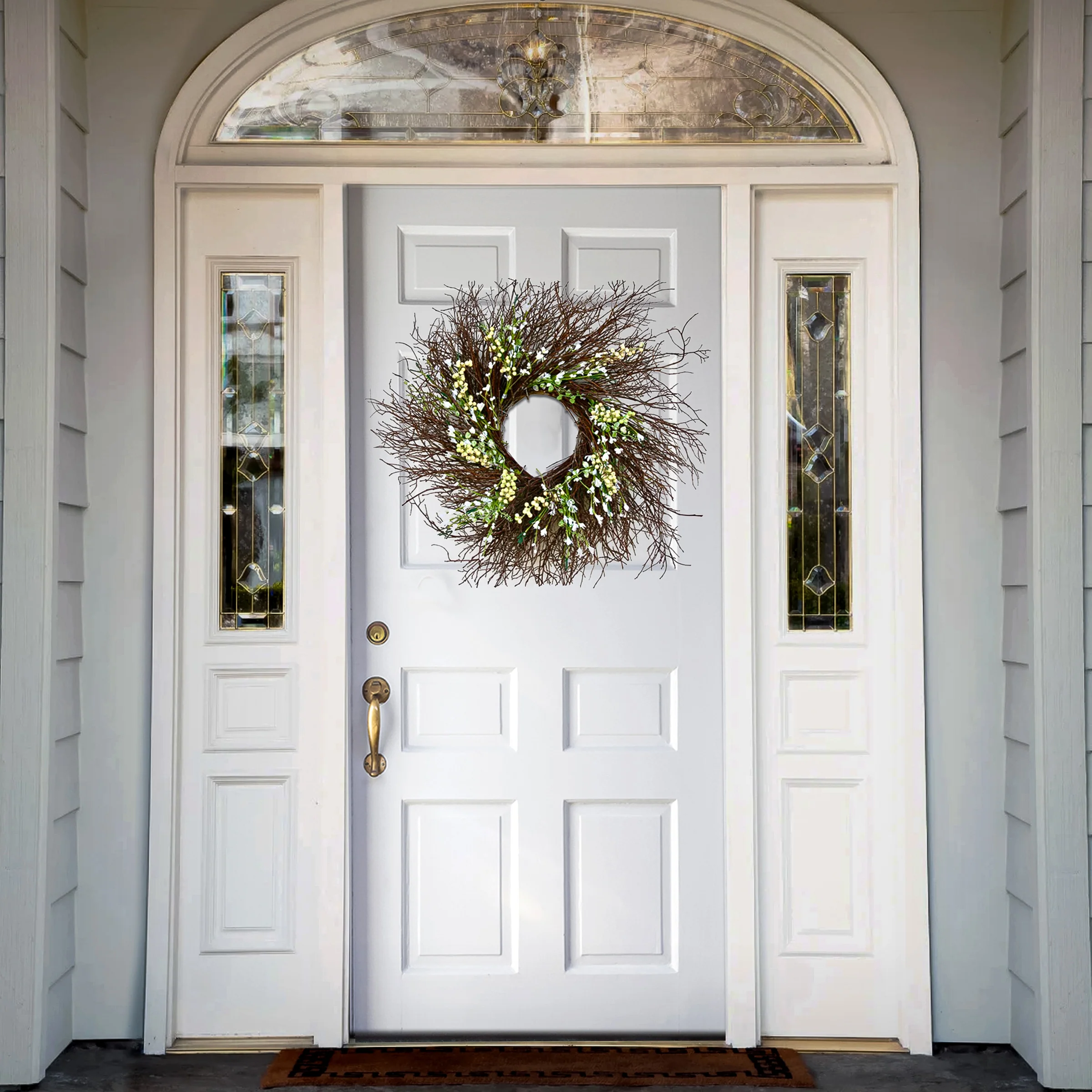 24 in. Spring  Wreath with White and Cream Forsythia Flowers, Swirl of Bristle Twigs - Image 2