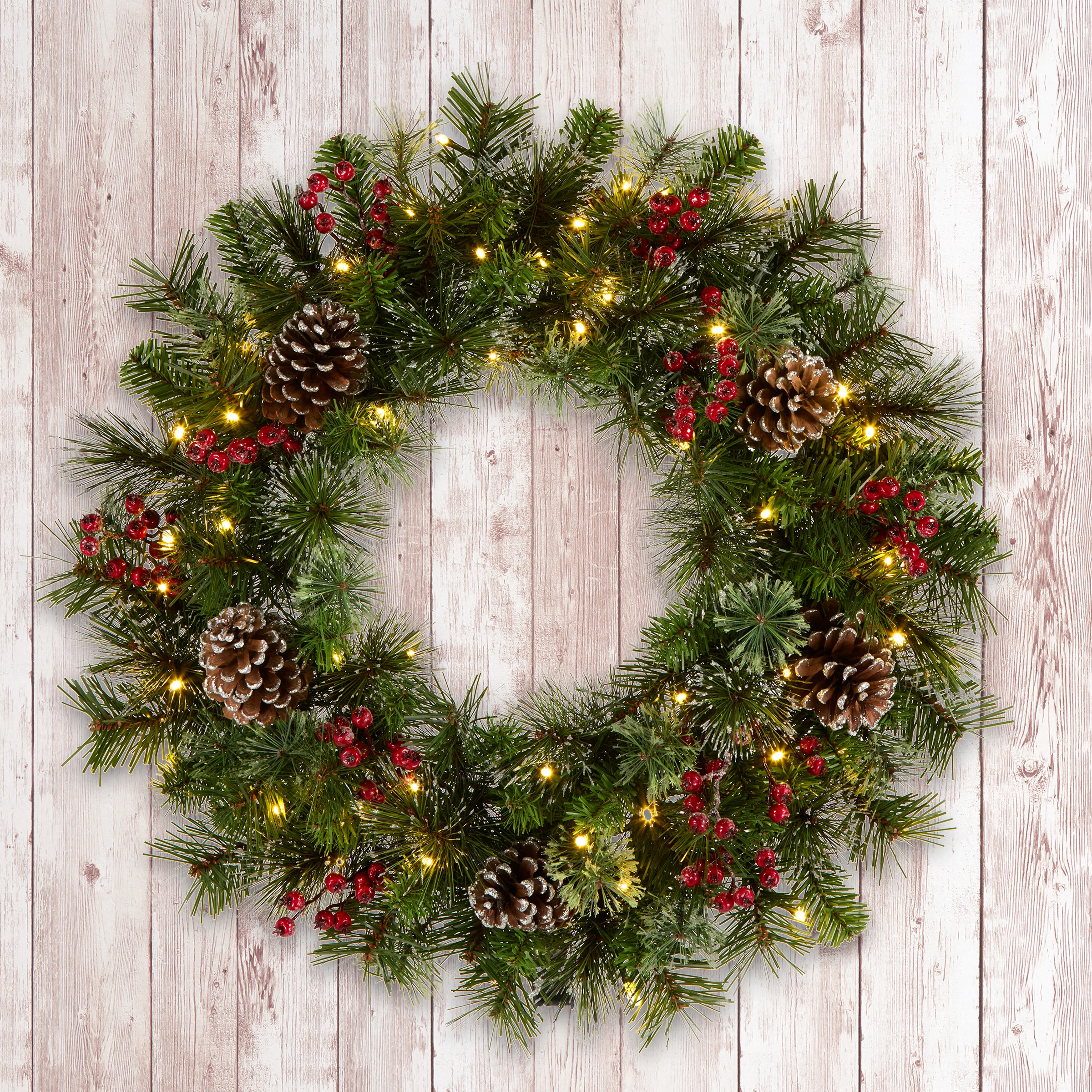 24 in. Iced Berry Pine Wreath with LED Lights - Image 2