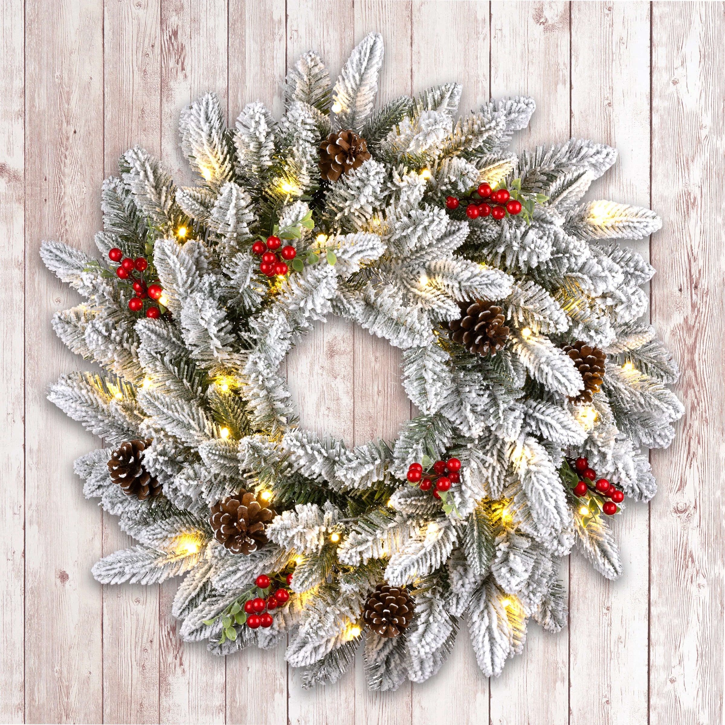 24 in. Snowberry Pine Wreath with LED Lights - Image 4