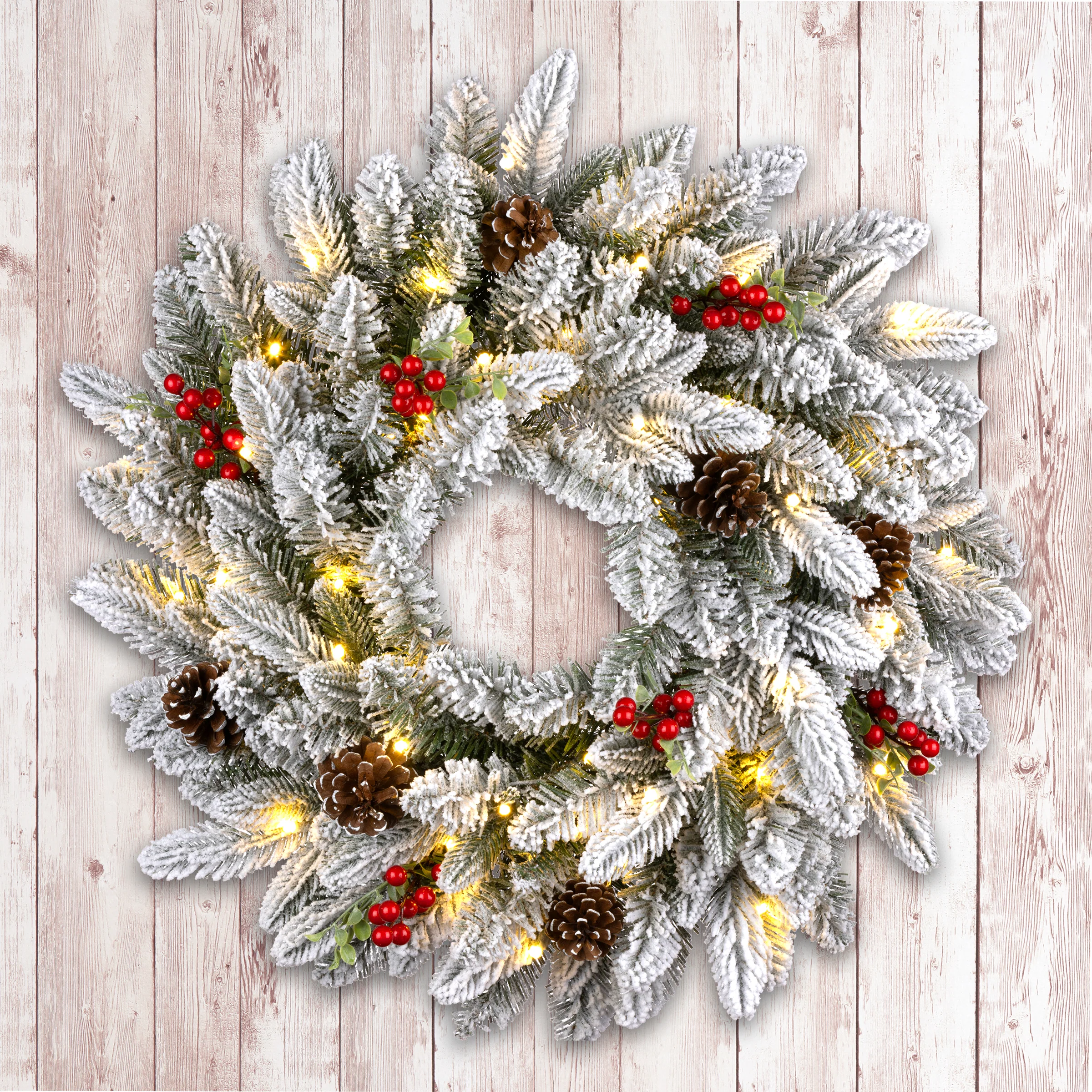 24 in. Snowberry Pine Wreath with LED Lights - Image 6