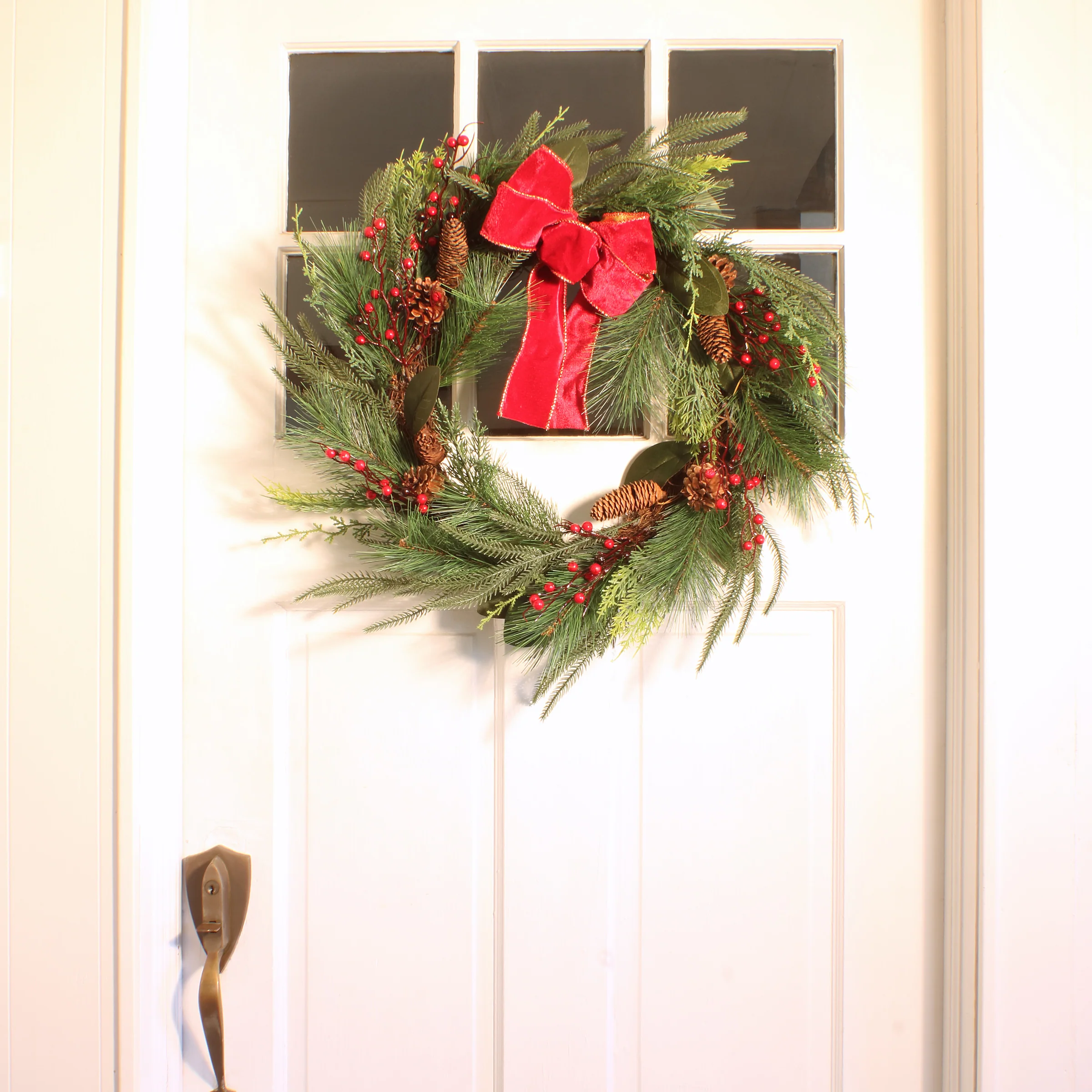 26 in. Christmas Mixed Pine Wreath with Red Bow - Image 2