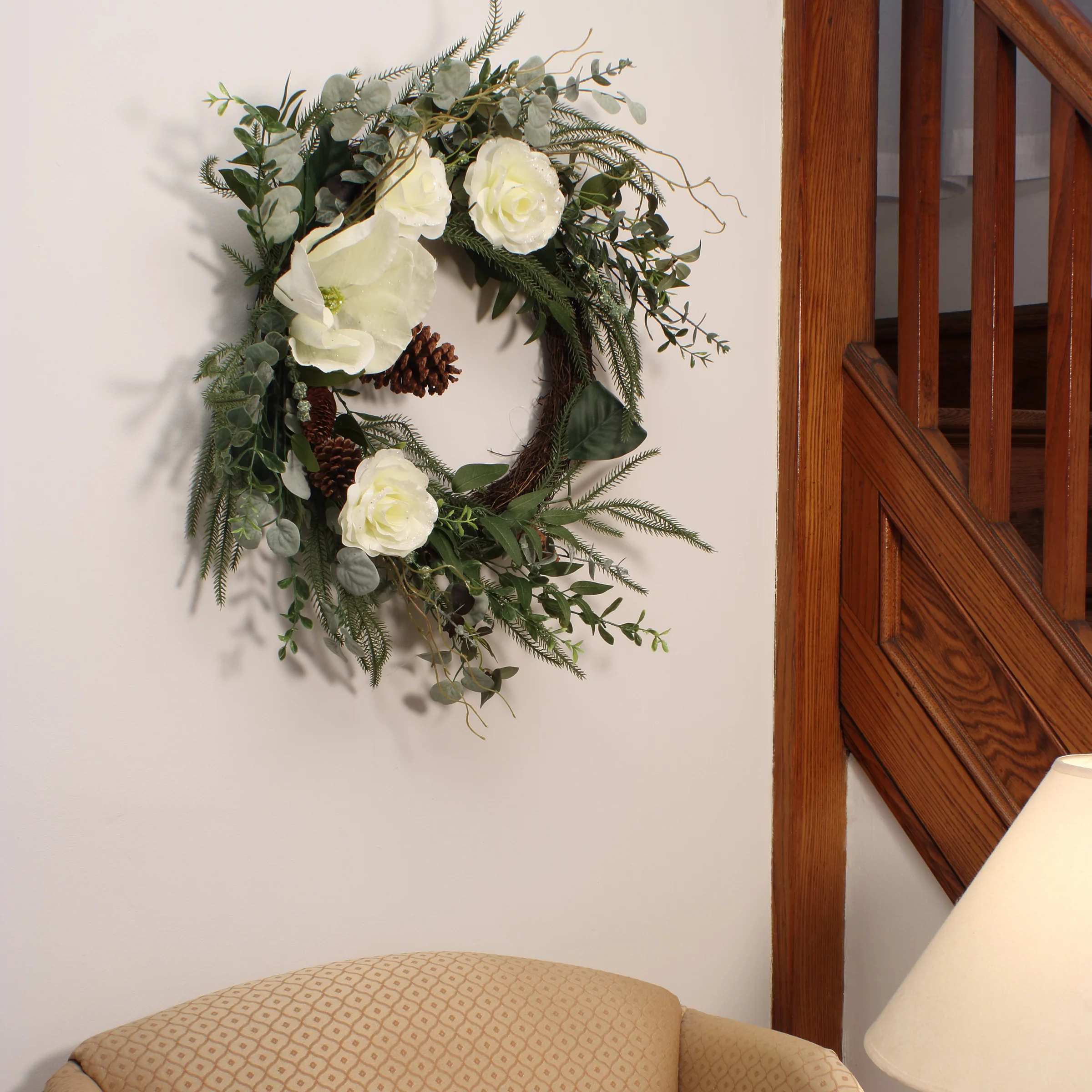 26 in. Mixed Greens and White Flowers Decorated Wreath - Image 2