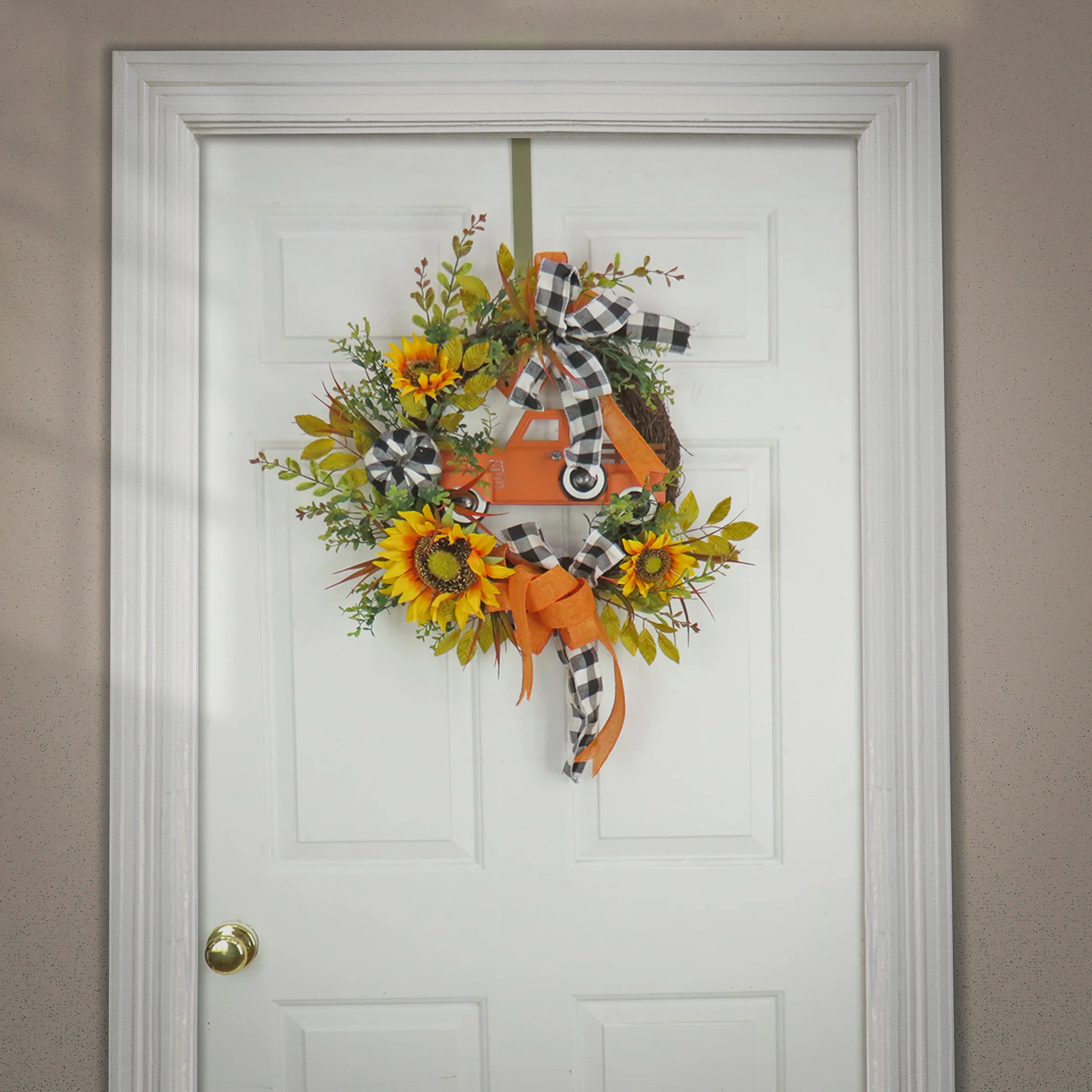 26 in. Fall Wreath with Sunflowers, Twig, Car and Bow - Image 2