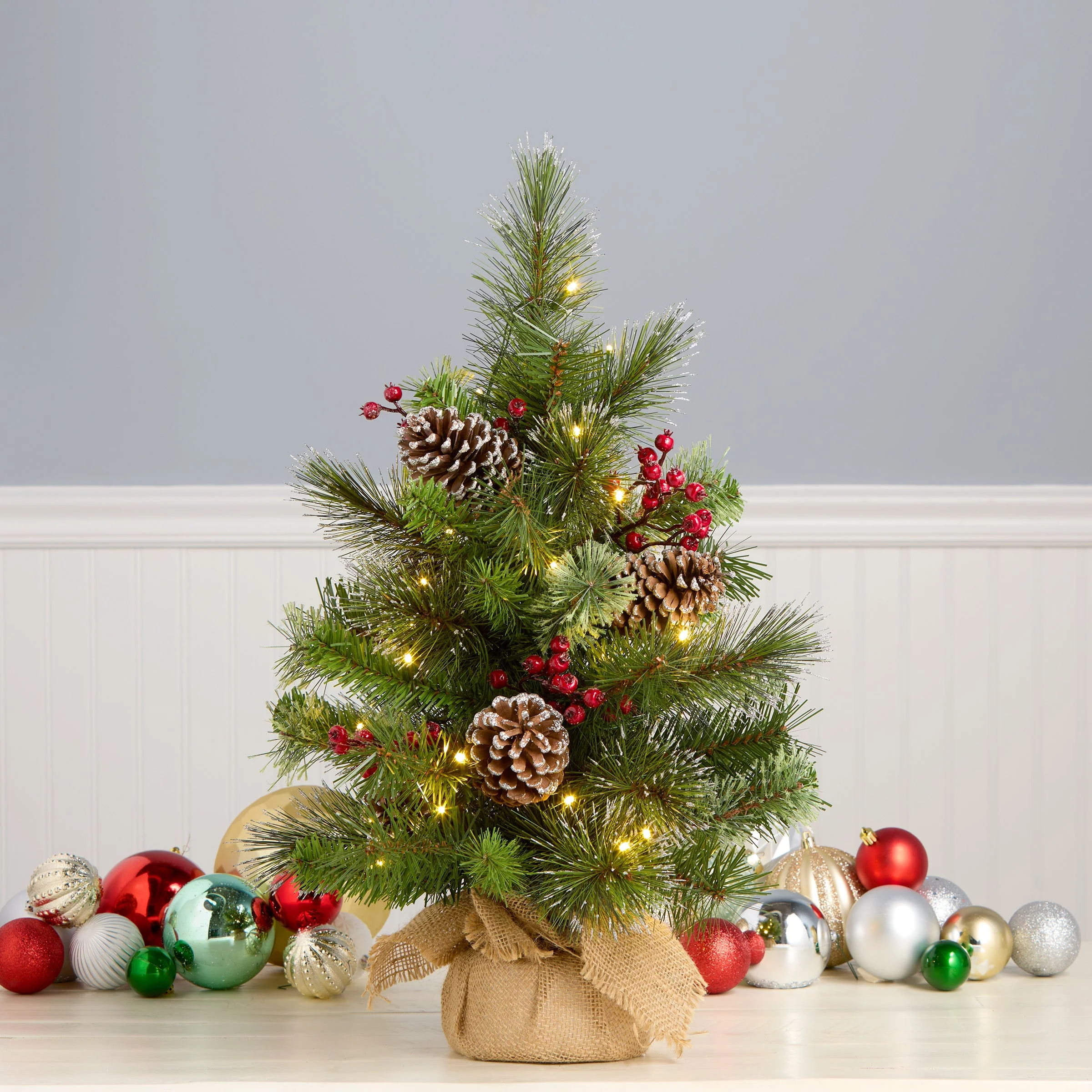 2 ft. Iced Berry Pine Burlap Tree with LED Lights - Image 2