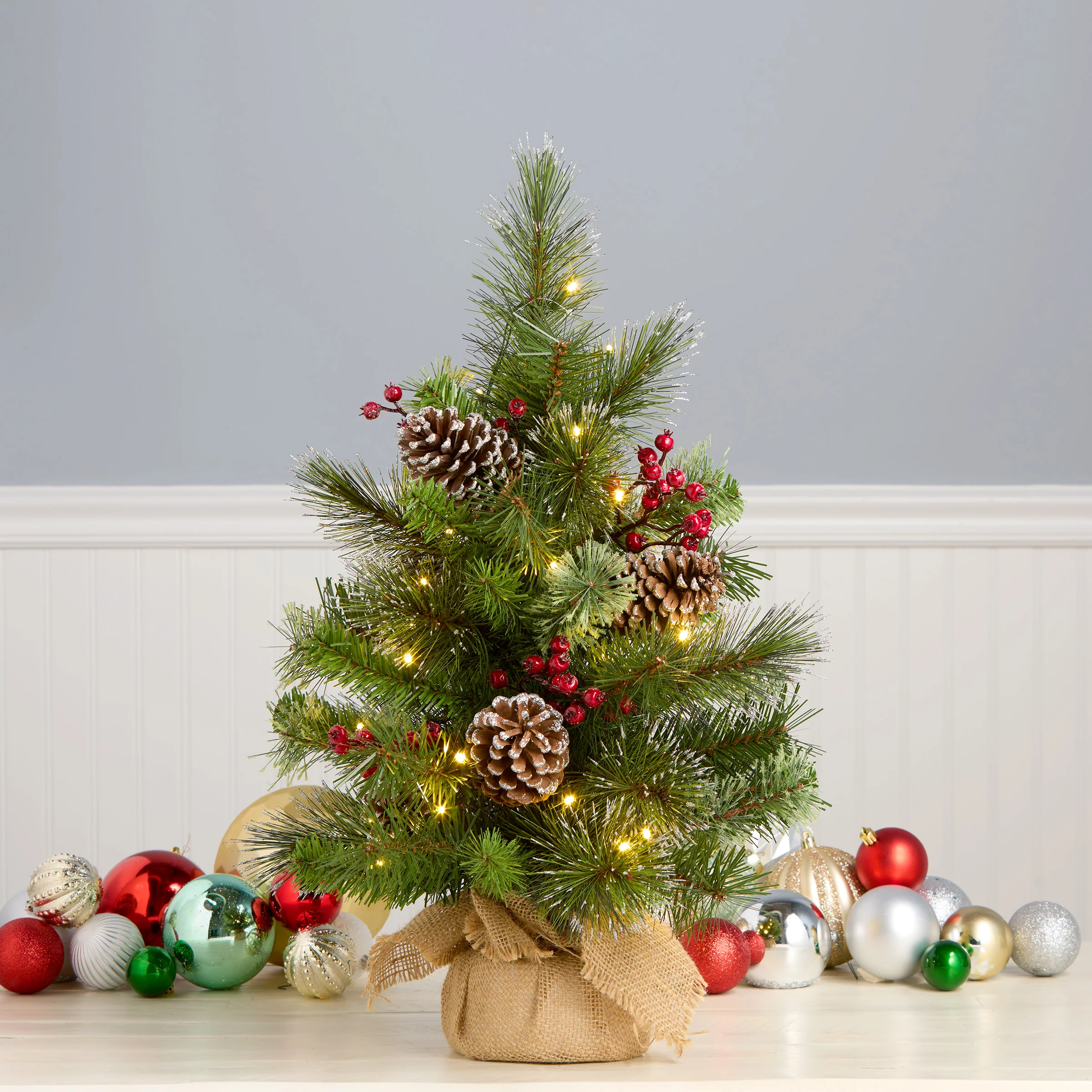 2 ft. Iced Berry Pine Burlap Tree with LED Lights - Image 6