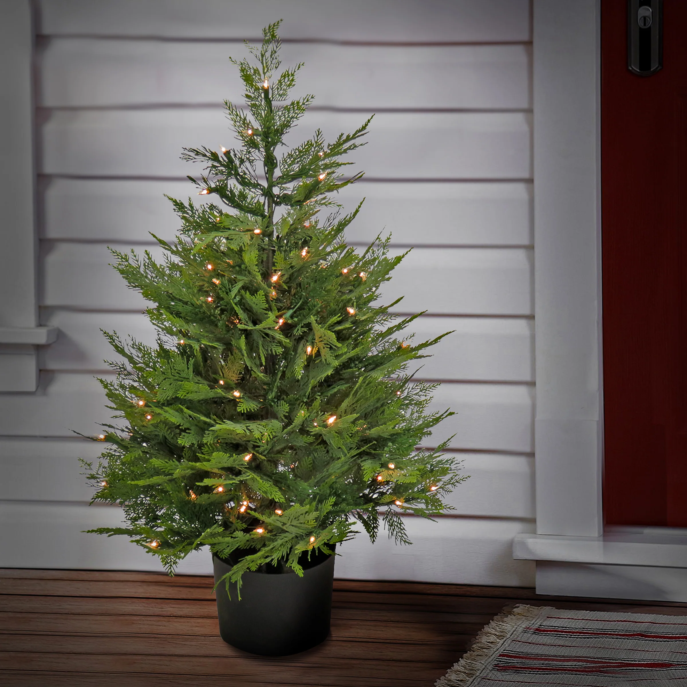 3 ft. Pre-Lit Cypress Topiary Tree in Black Plastic Nursery Pot with Clear Lights - Image 2