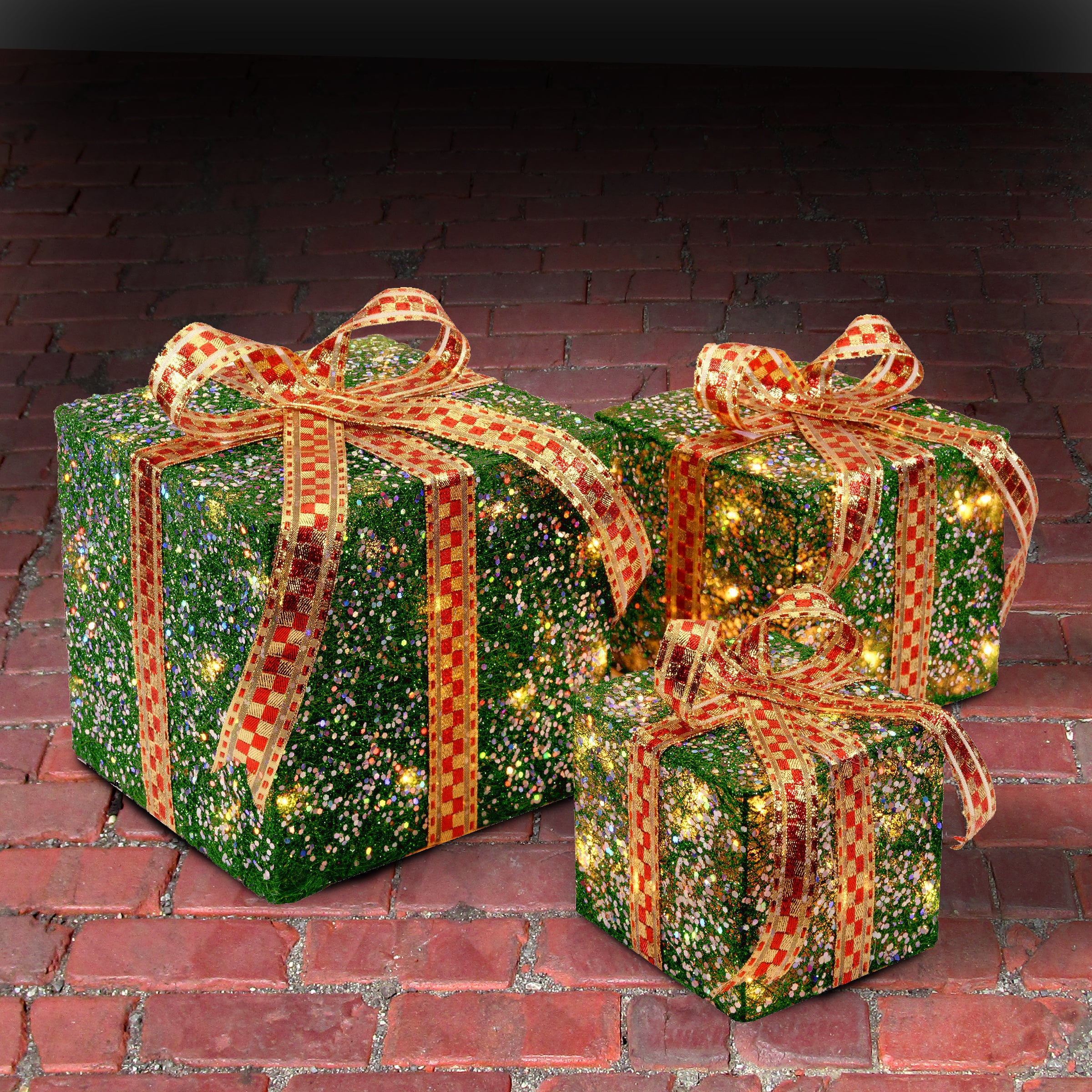 Pre-Lit Green and Gold Gift Boxes, Set of Three, White Lights - Image 2