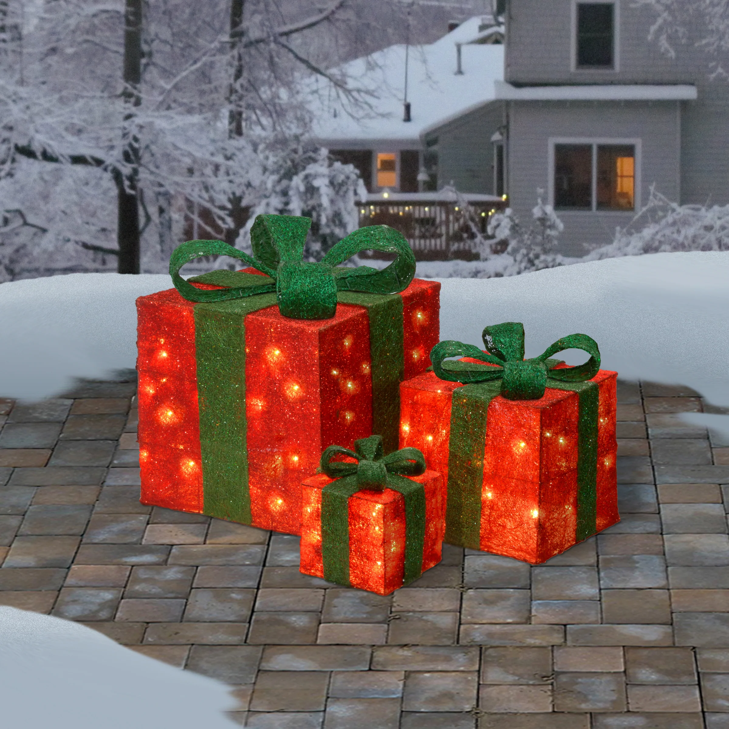 Pre-Lit Red Gift Boxes, Set of Three, White Lights - Image 2