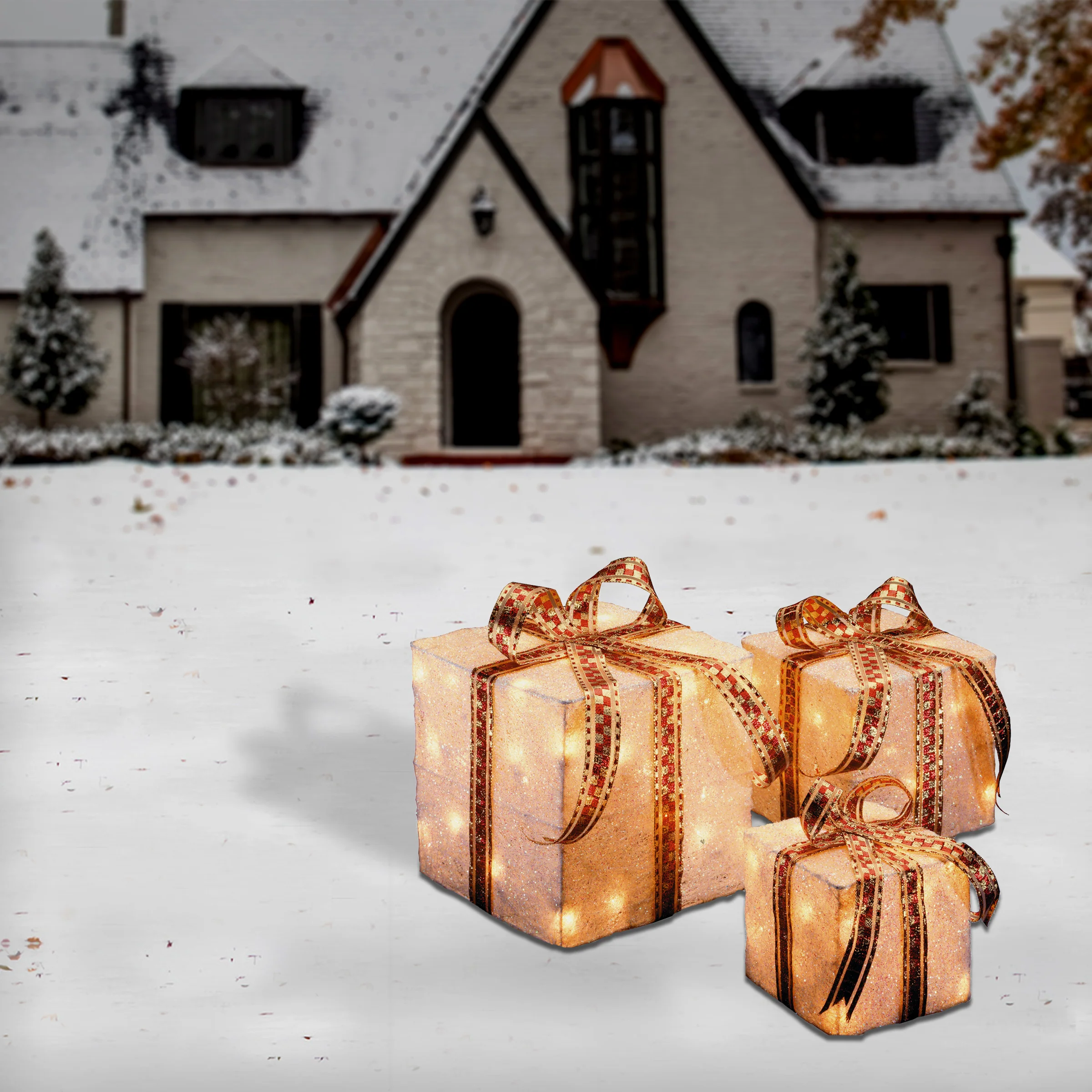Pre-Lit White and Gold Gift Boxes, Set of Three, White Lights, Plug-In - Image 4
