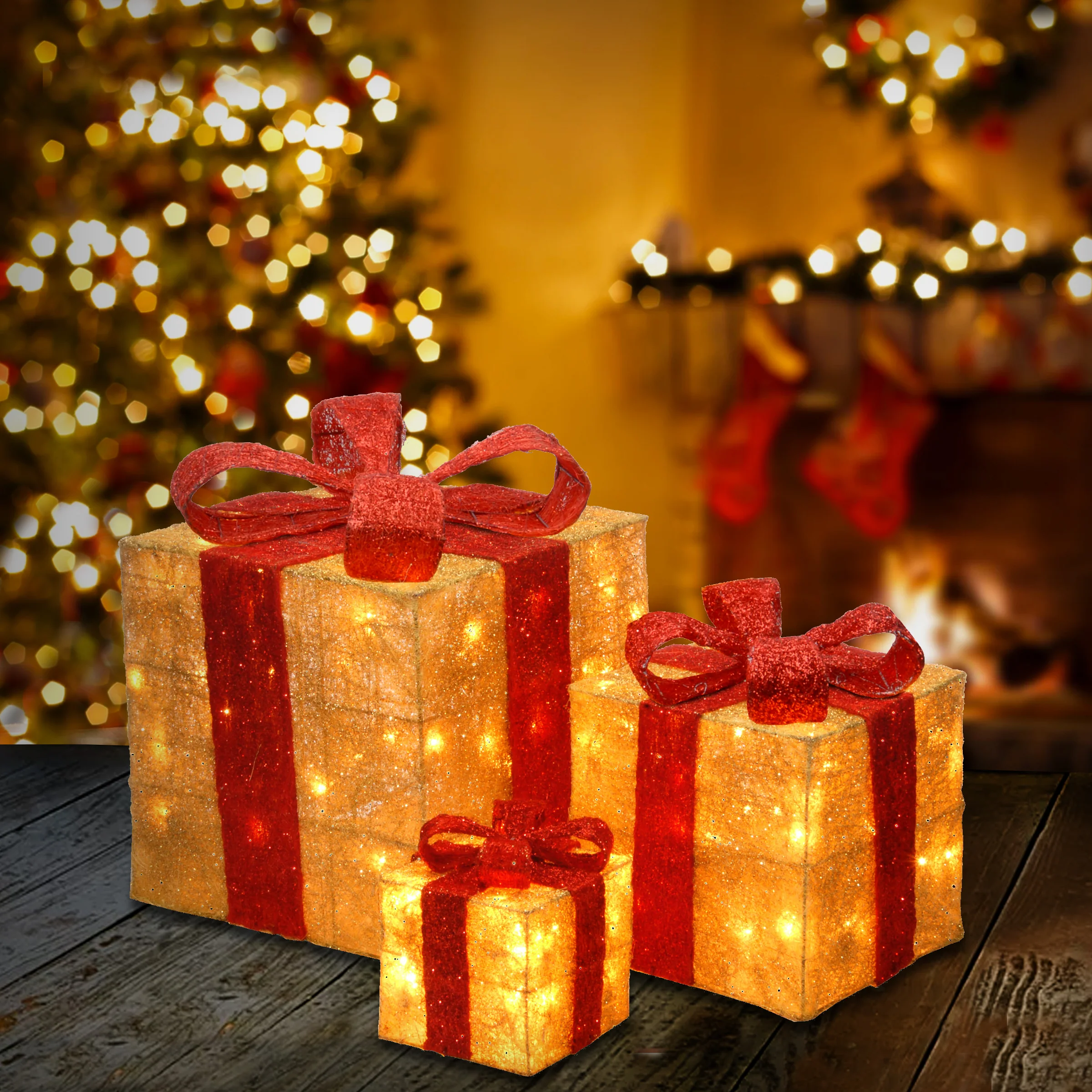 Pre-Lit Gold Gift Boxes, Set of Three, 105 White Lights, Plug-In - Image 2