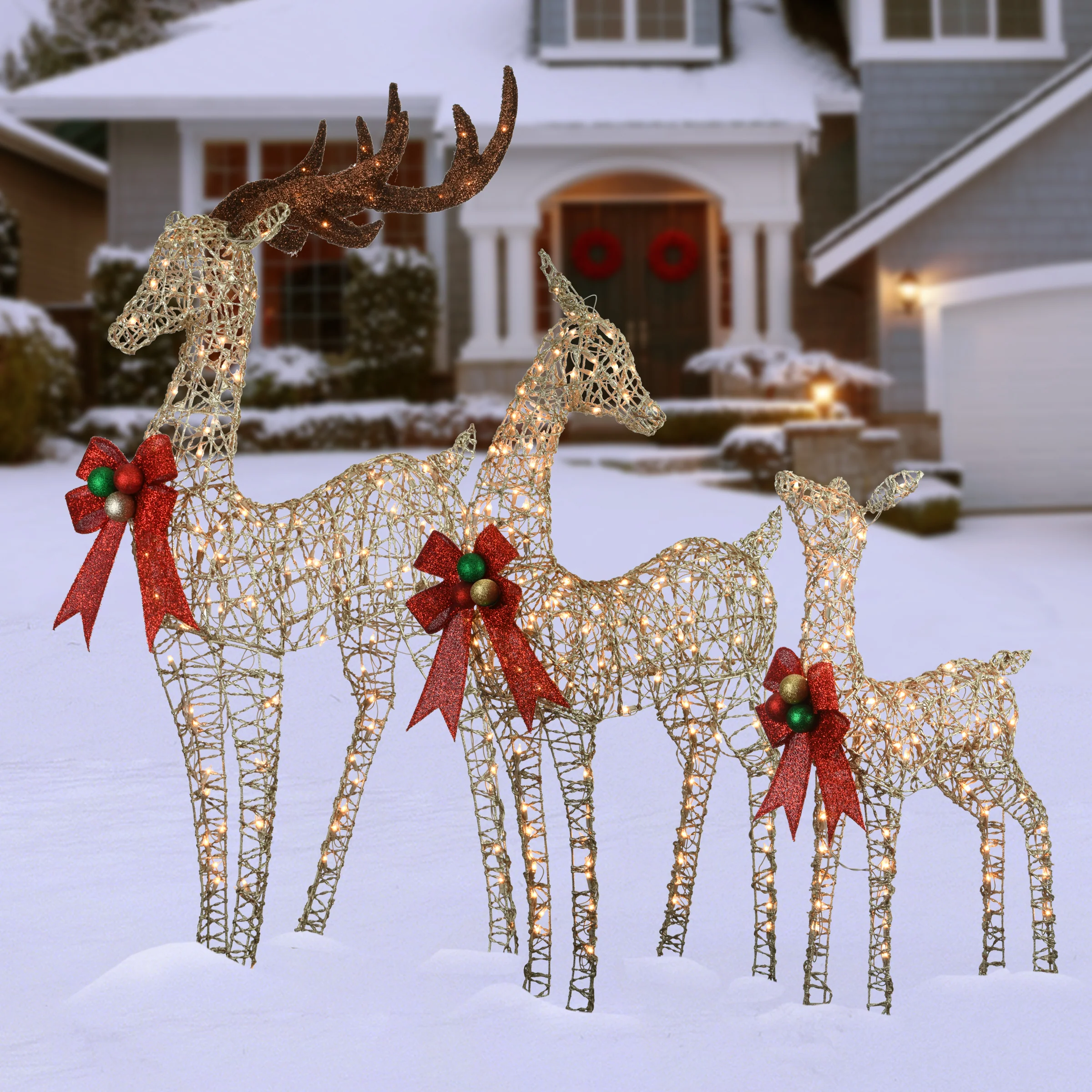 60 in., 52 in. and 36 in. Champagne Glitter Deer Family with 370 Warm White LED Lights, Plug-In - Image 6
