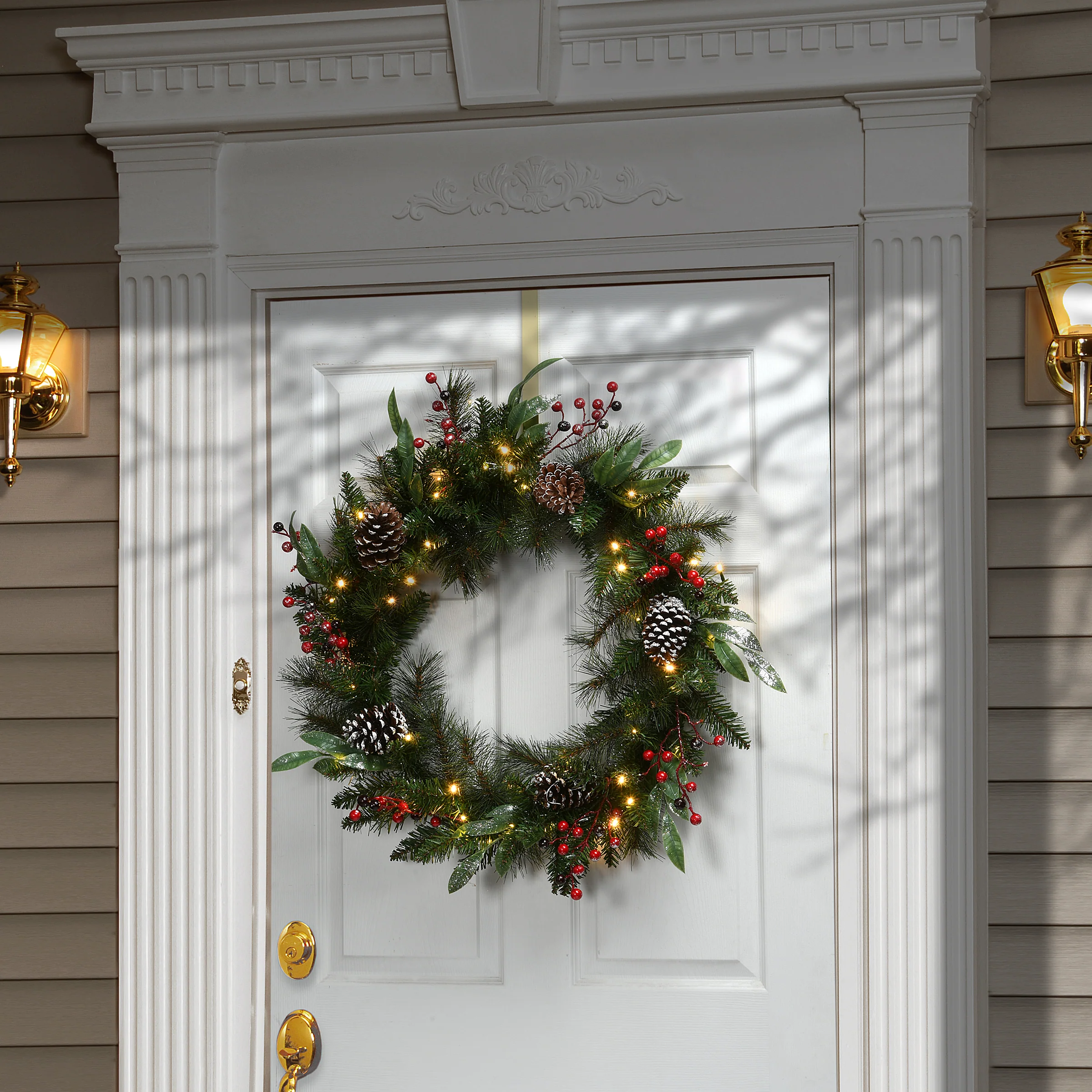 30 in. Pre-Lit Frosted Pine Berry Wreath with LED Lights - Image 2