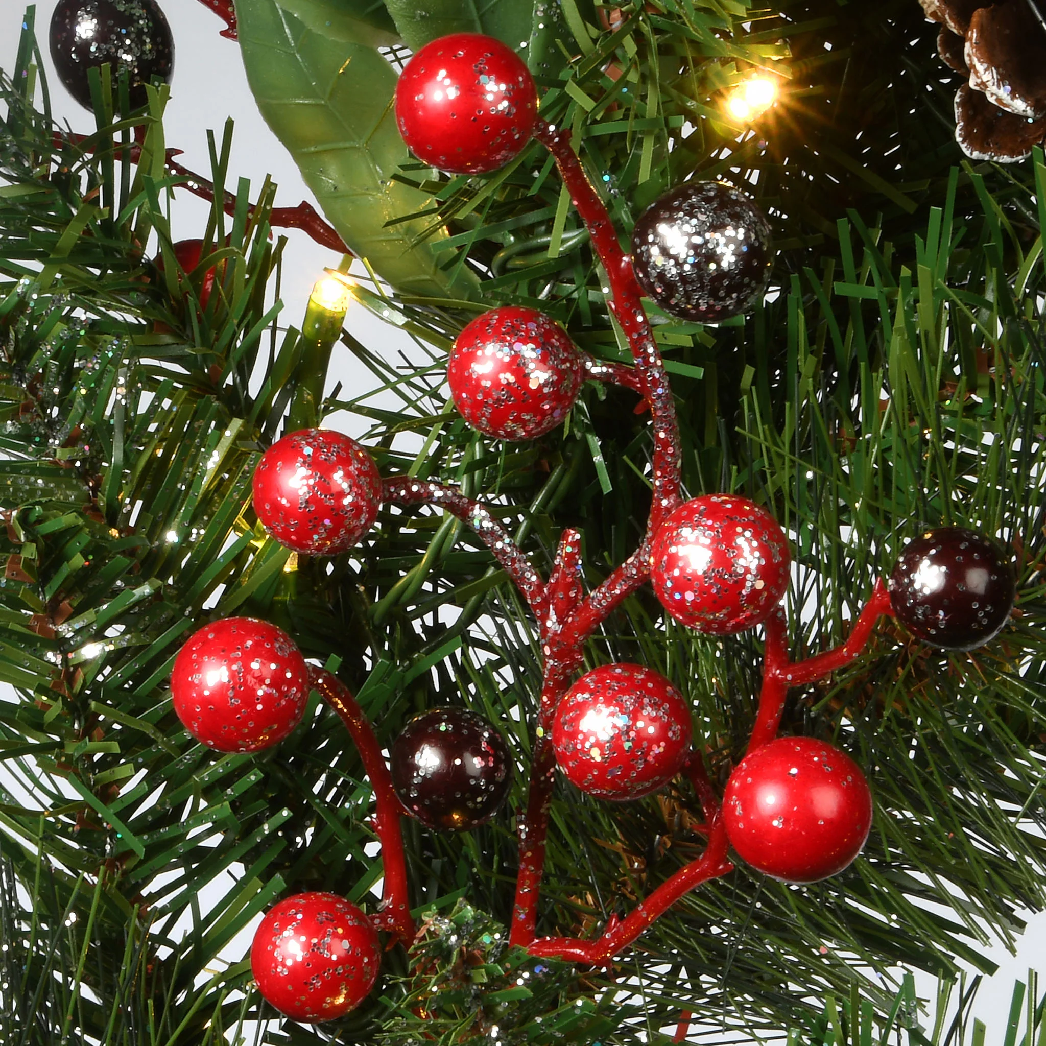 30 in. Pre-Lit Frosted Pine Berry Wreath with LED Lights - Image 3