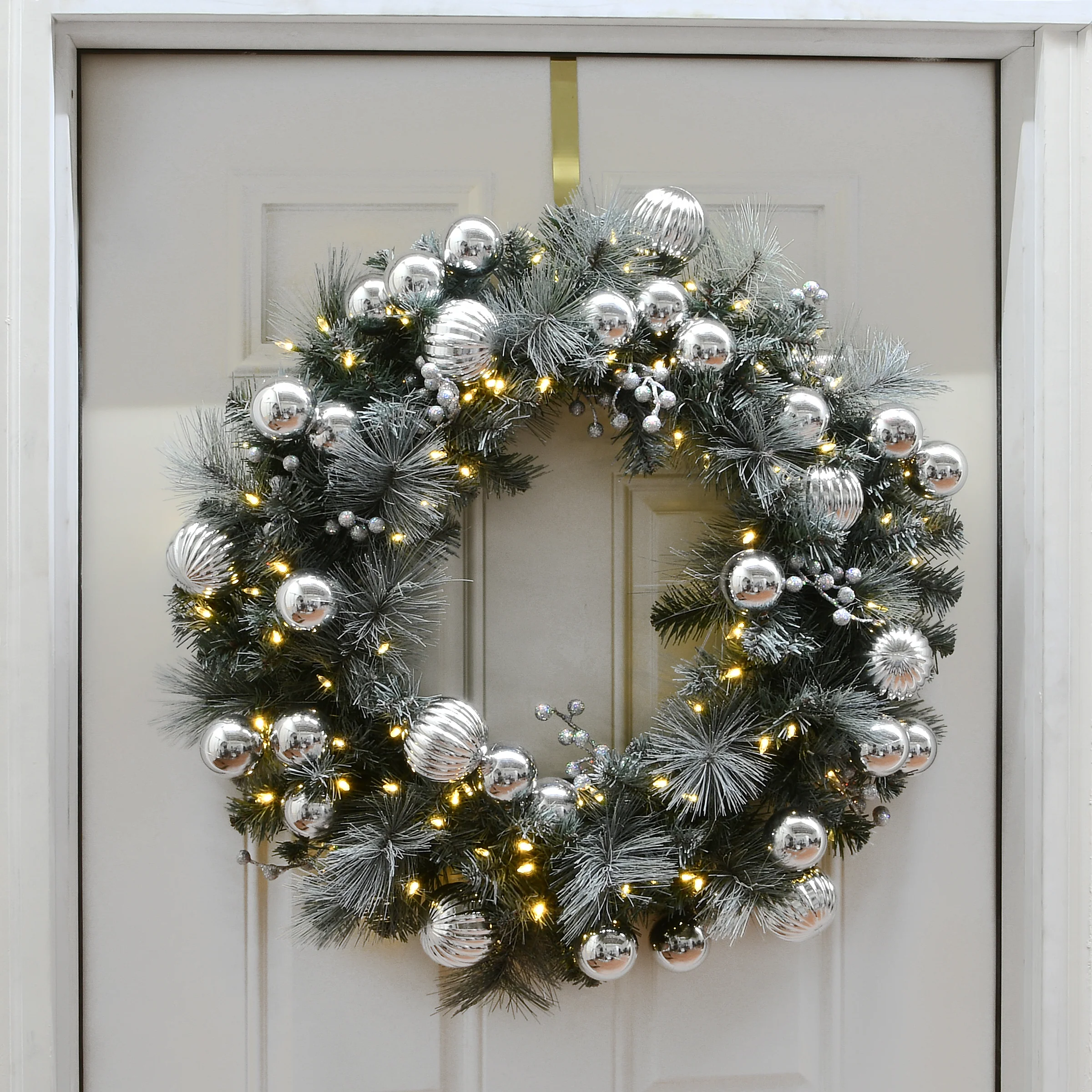 30 in. Pre-Lit Frosted Silver Pine Wreath with LED Lights - Image 2