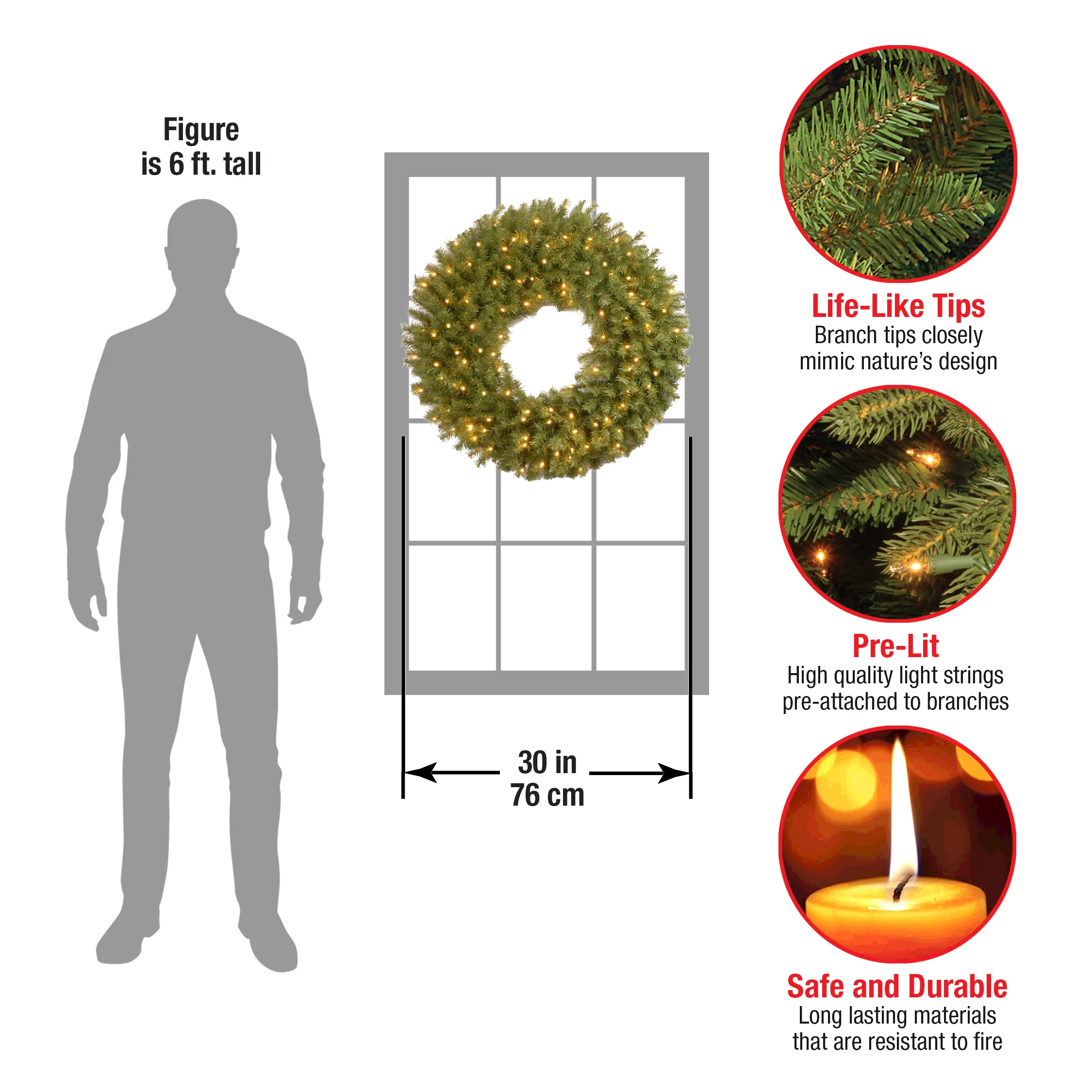 30 in. Pre-Lit Norwood Fir Wreath with LED Lights - Image 7