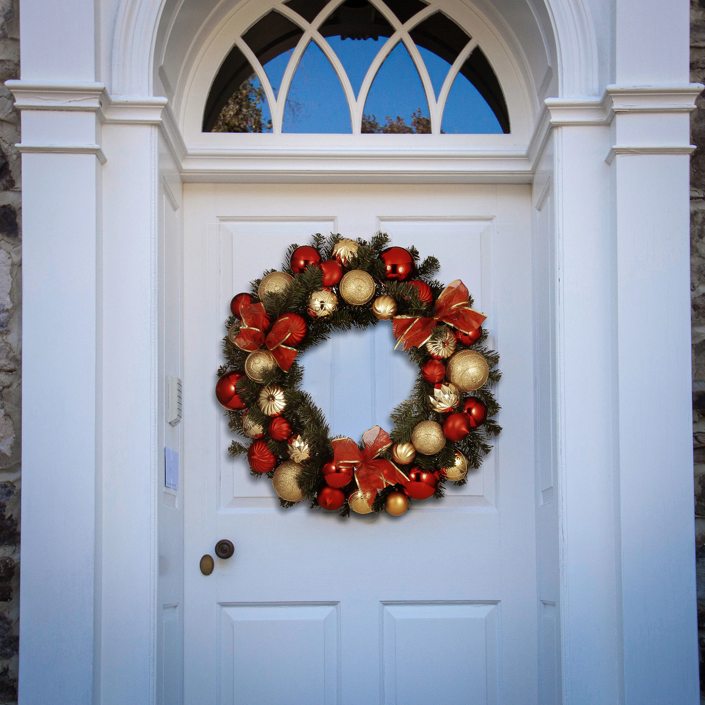 30 in. Pre-Lit Red and Gold Ornament Wreath - Image 2